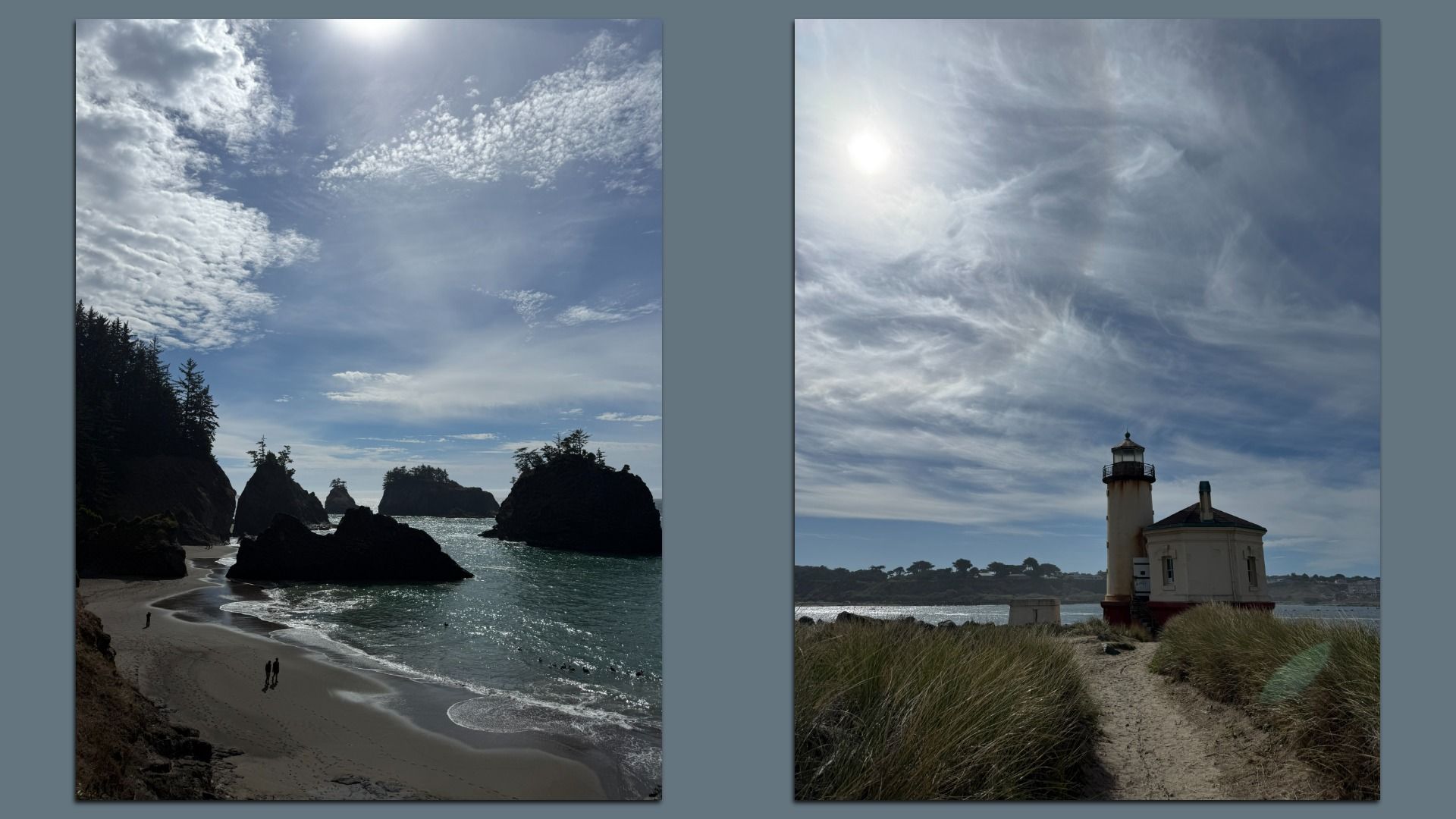 Two coastal photos: left shows a rocky shoreline, sandy beach, sea stacks, and trees; right shows a lighthouse on a dune with grasses and wispy clouds.