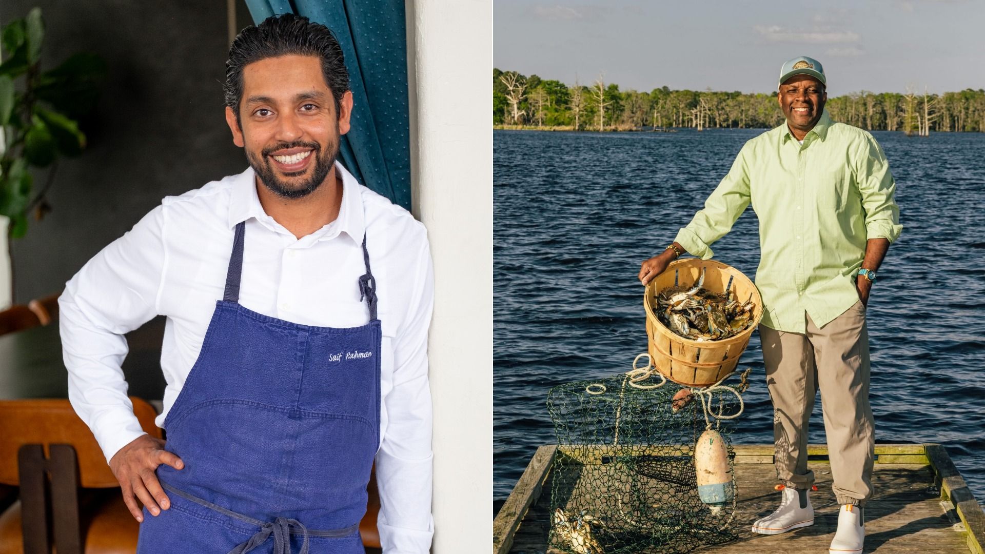 Two men: left is a smiling chef in a white shirt and blue apron by a doorway; right is a fisherman in a light-green shirt and cap on a dock with a basket of fish by the water.