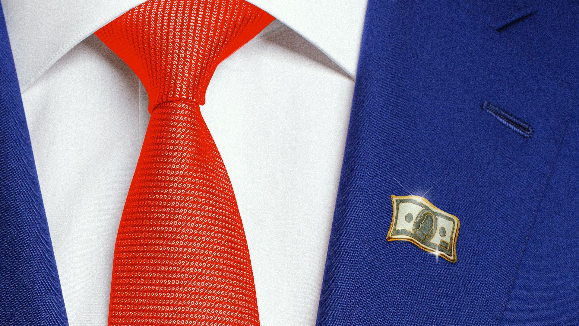 Illustration of a closeup of a person wearing a bright blue suit and red tie with a shining gold enamel pin in the shape of a hundred dollar bill on the lapel. 