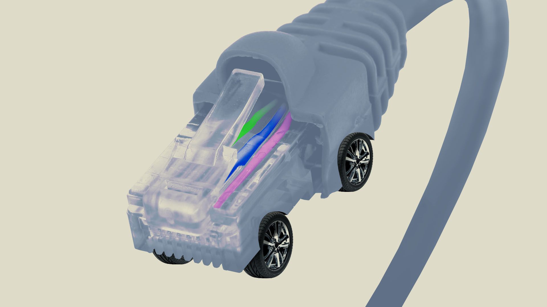 Illustration of an ethernet cable with car wheels