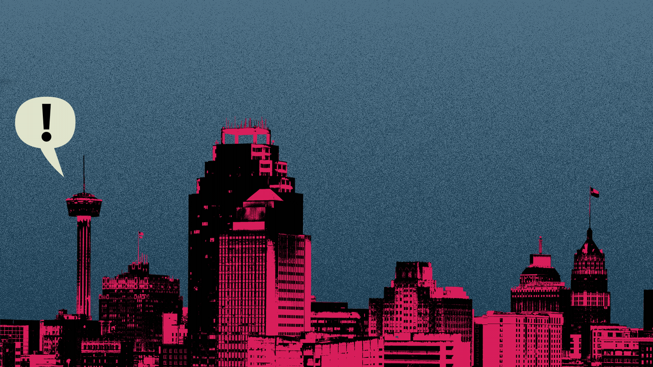 Illustration of the San Antonio skyline with word balloons with exclamation points in them popping up over it from left to right.