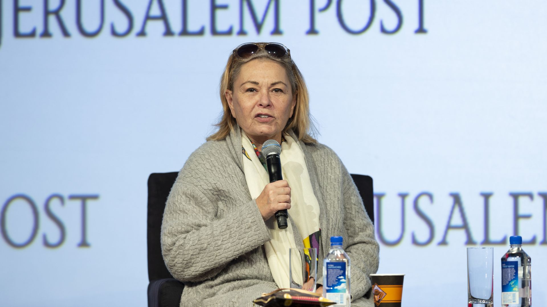 Roseanne Barr speaks on stage at an event in April