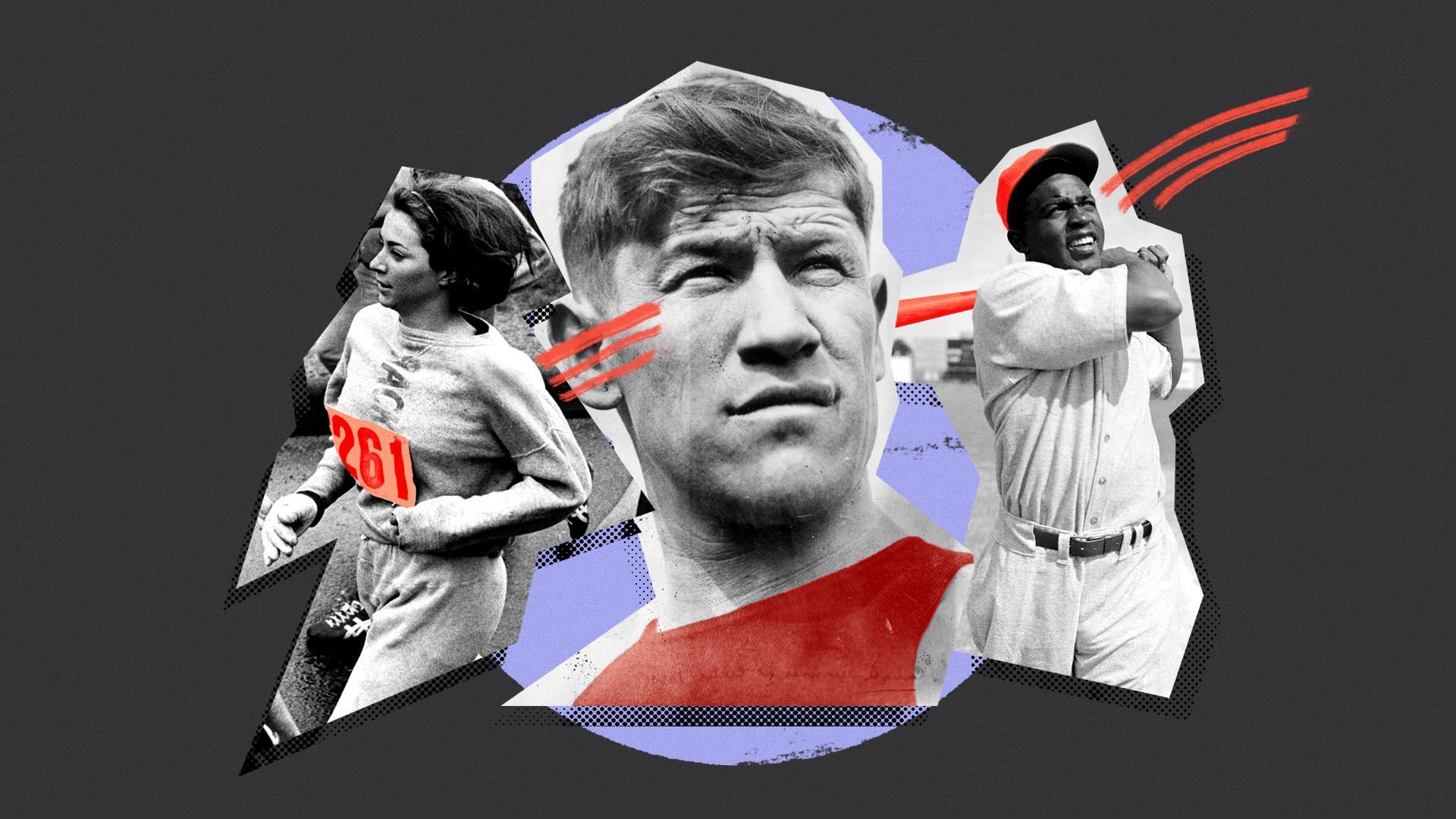 Photo illustration of Jackie Robinson, Jim Thorpe, and Kathy Switzer