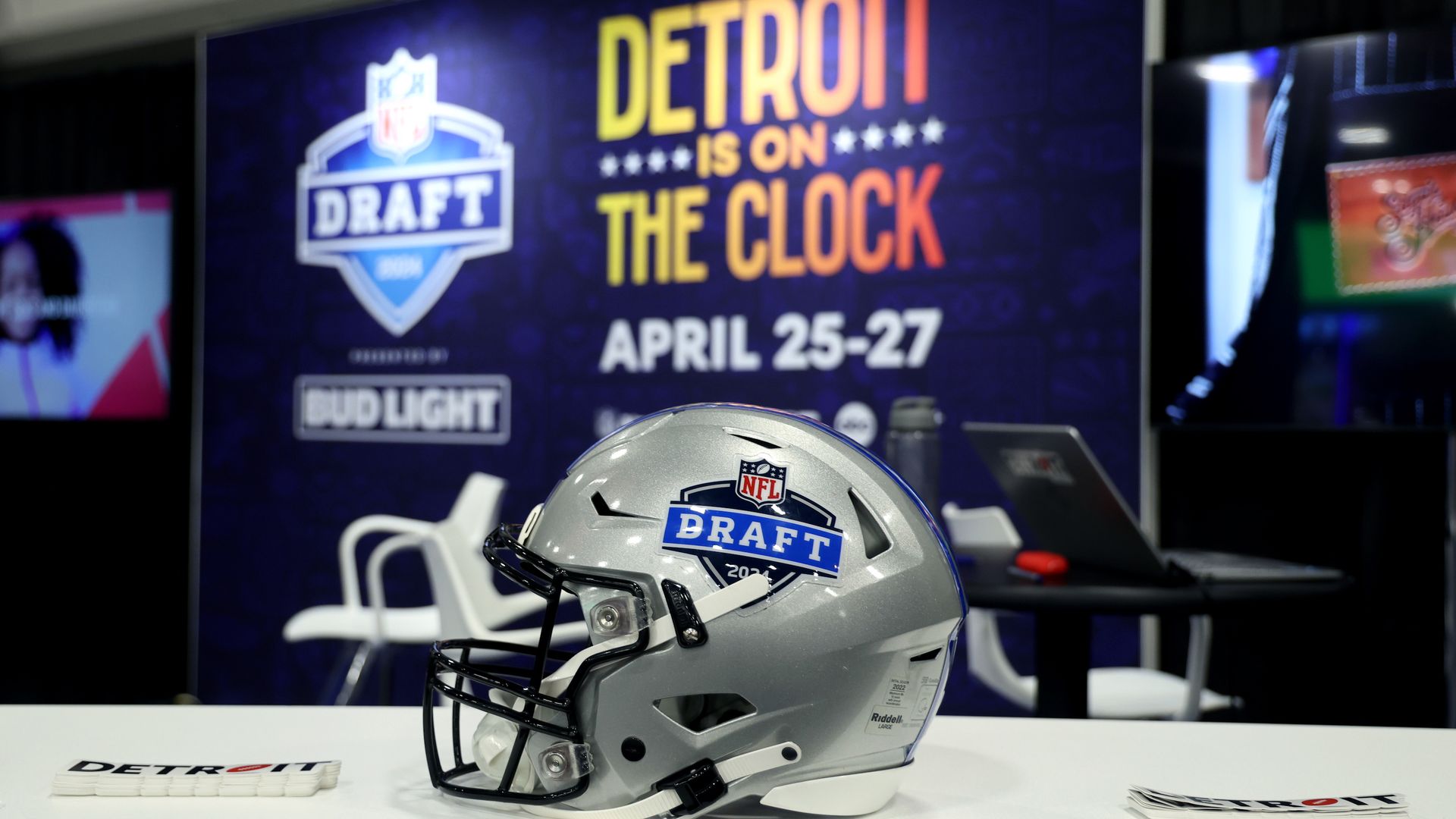 An NFL Draft helmet sits on a table at the draft in Detroit. 
