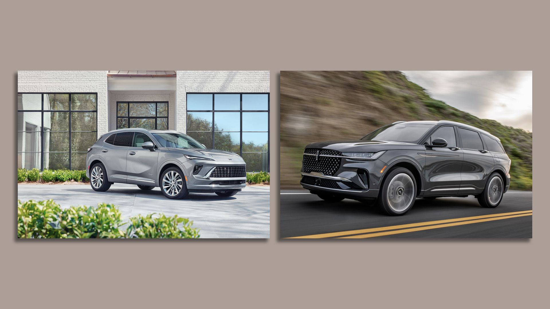 Side-by-side images of two modern SUVs: a silver one parked in front of a white brick house with large windows and greenery, and a black one driving on a road with a blurred hillside background.