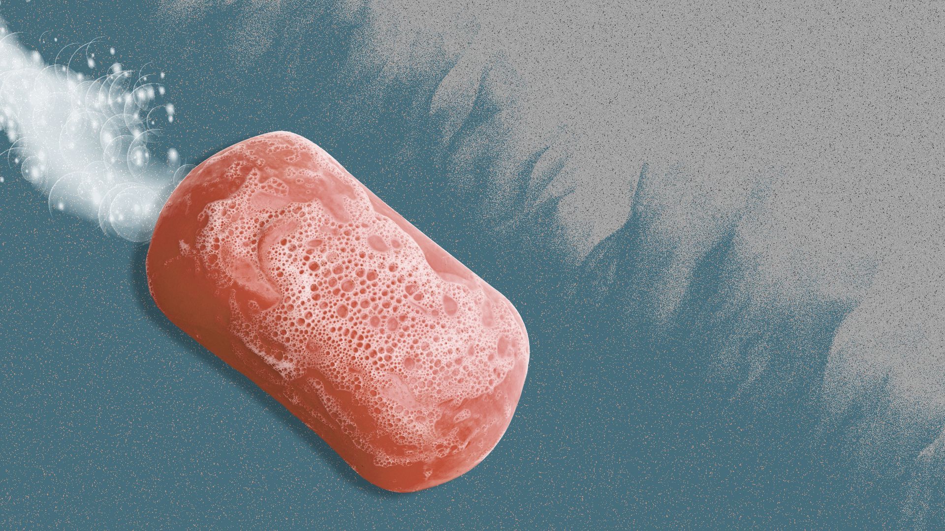 Illustration of a bar of soap over an abstracted background of fire and dust.