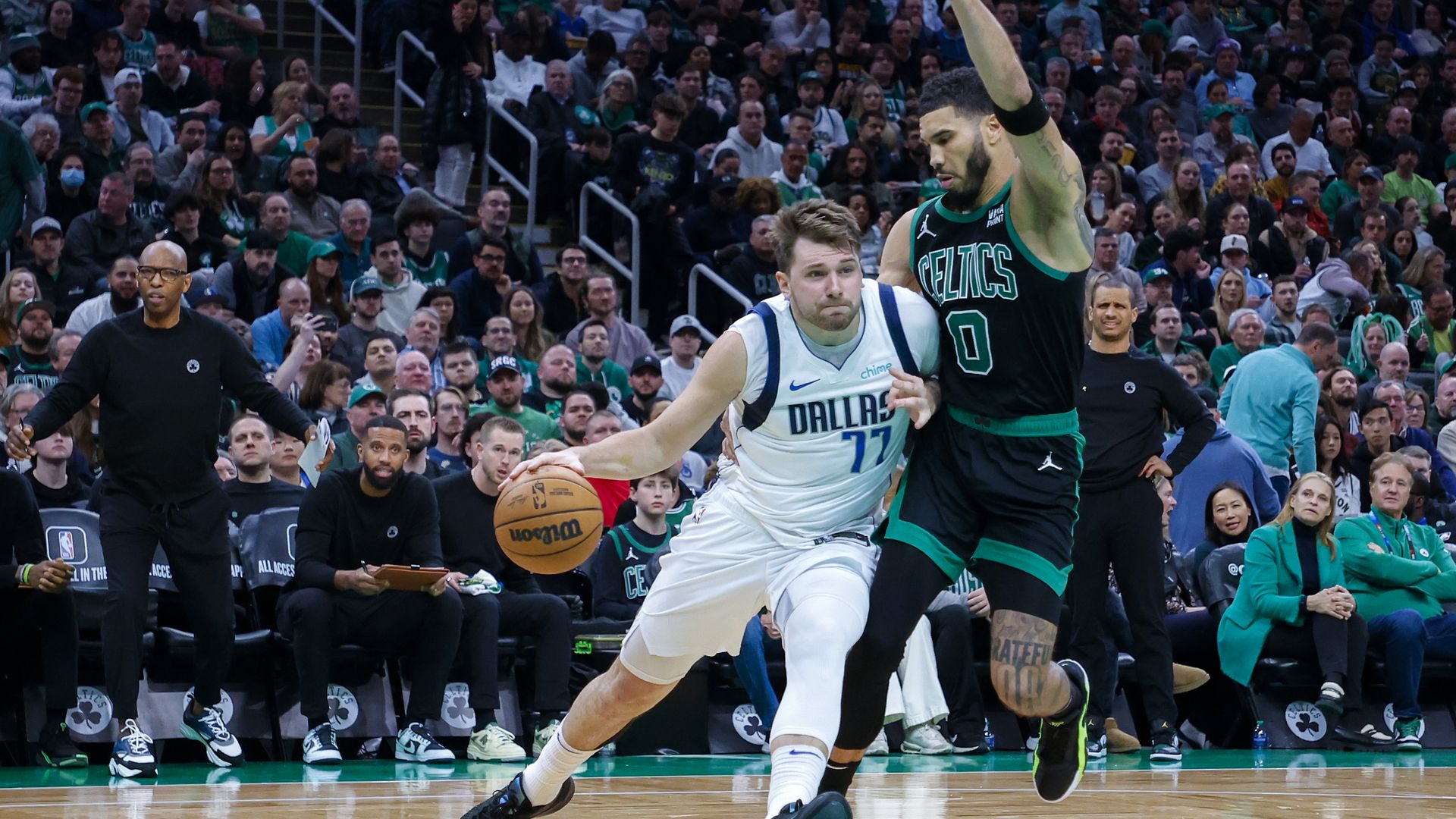 Dallas Mavericks guard Luka Doncic drives to the basket on Boston Celtics forward Jayson Tatum.