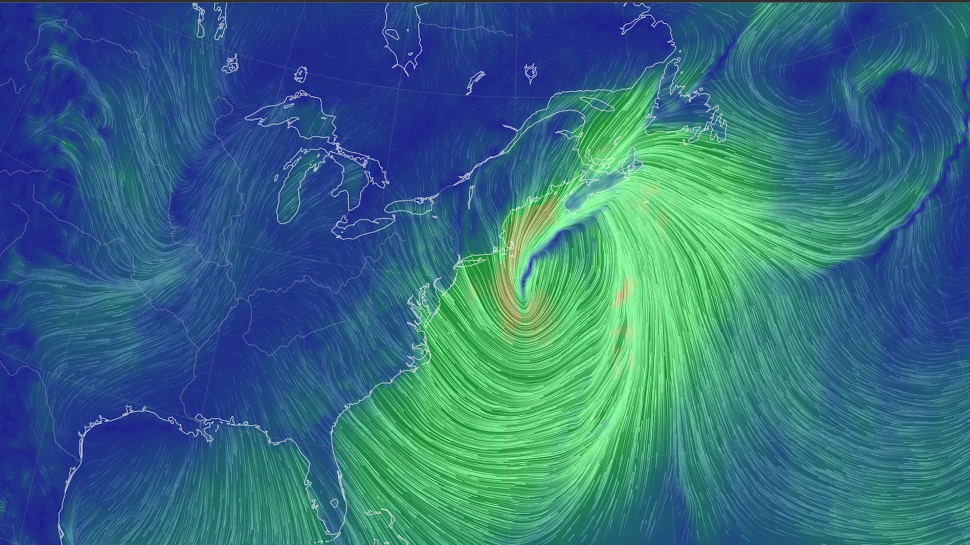 Computer model projection showing the winds moving around the powerful East Coast storm on Saturday Jan. 29, 2022.