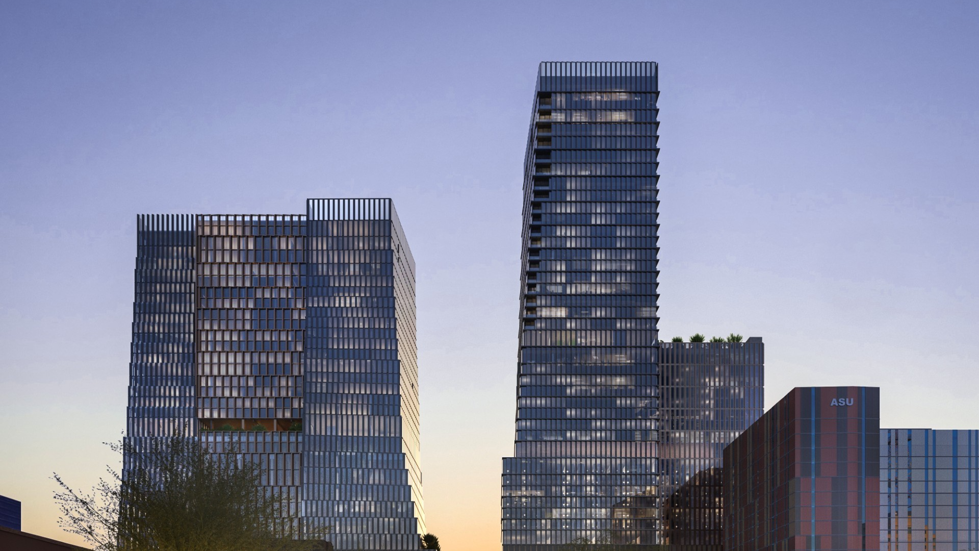 A cityscape at dusk with three modern glass buildings, a tall central tower, shorter left blocks, and a tree-lined plaza; people walk as an orange sunset glows on blue sky.