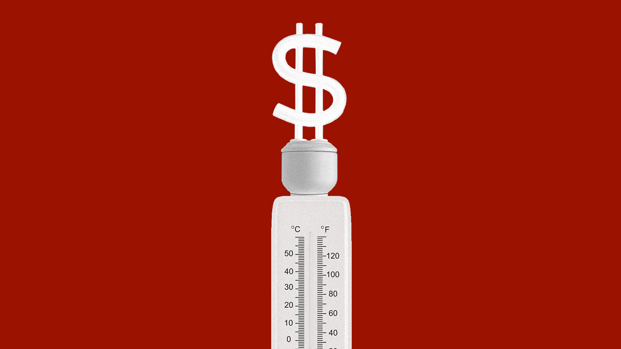 Animated illustration of a thermometer rising in temperature and powering up a light bulb in the shape of a dollar sign.
