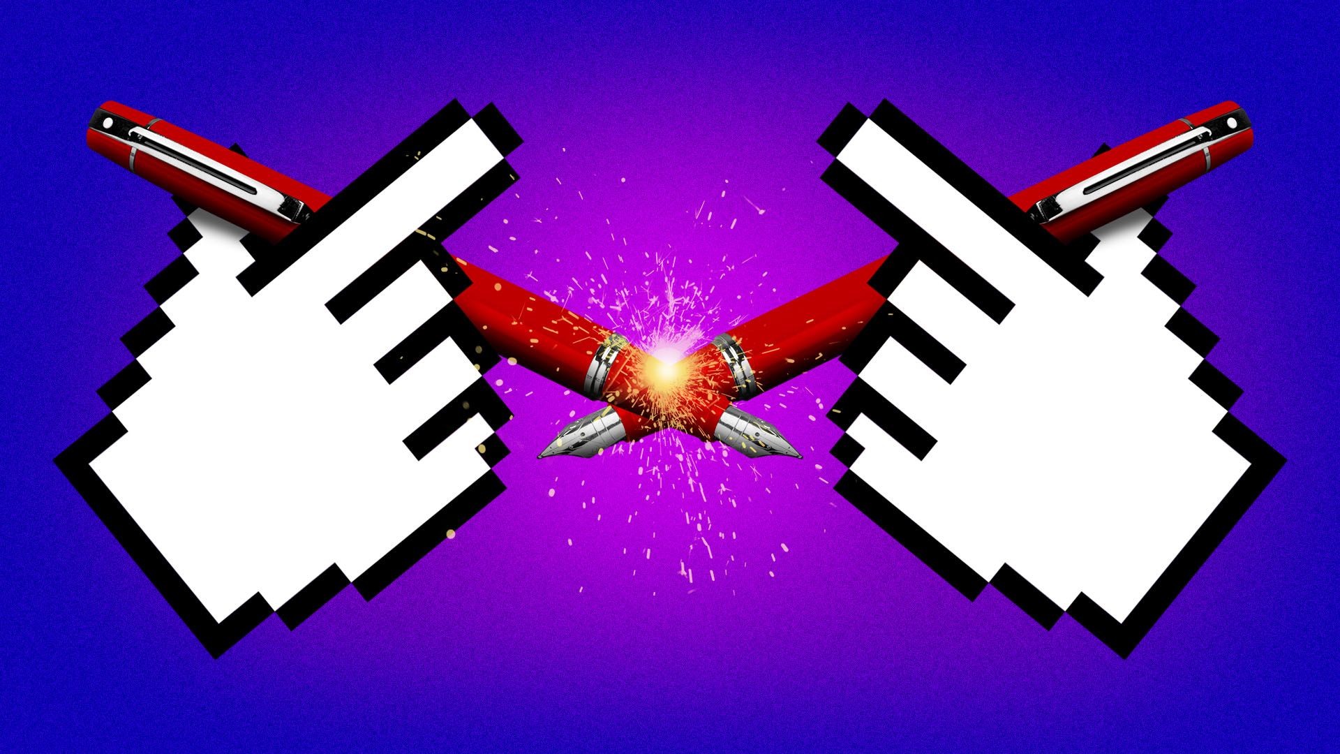 Illustration of two pixelated cursor hands each holding a red fountain pen, their tips colliding with bright sparks against a purple background.