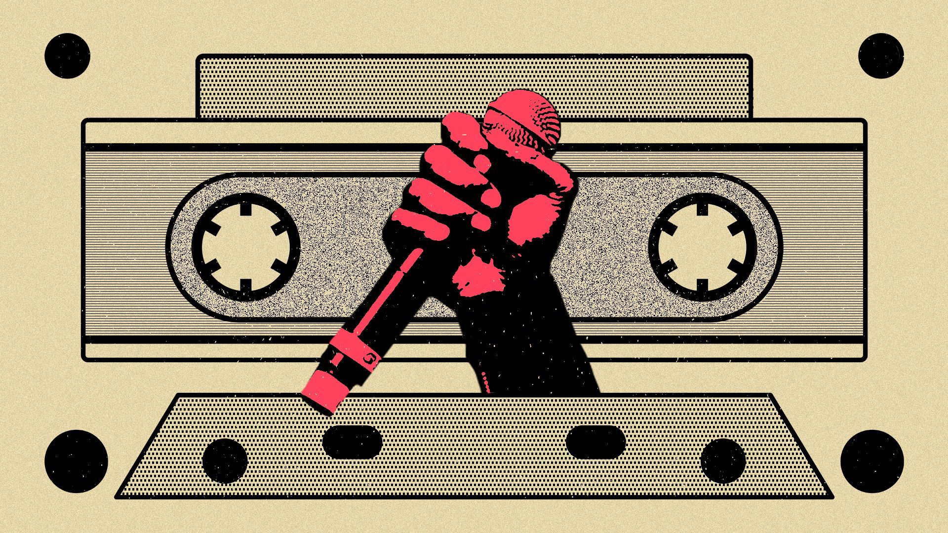 Photo illustration of a hand holding a microphone in front of shapes that look like a tape cassette in the style of an early Hip-hop show poster.