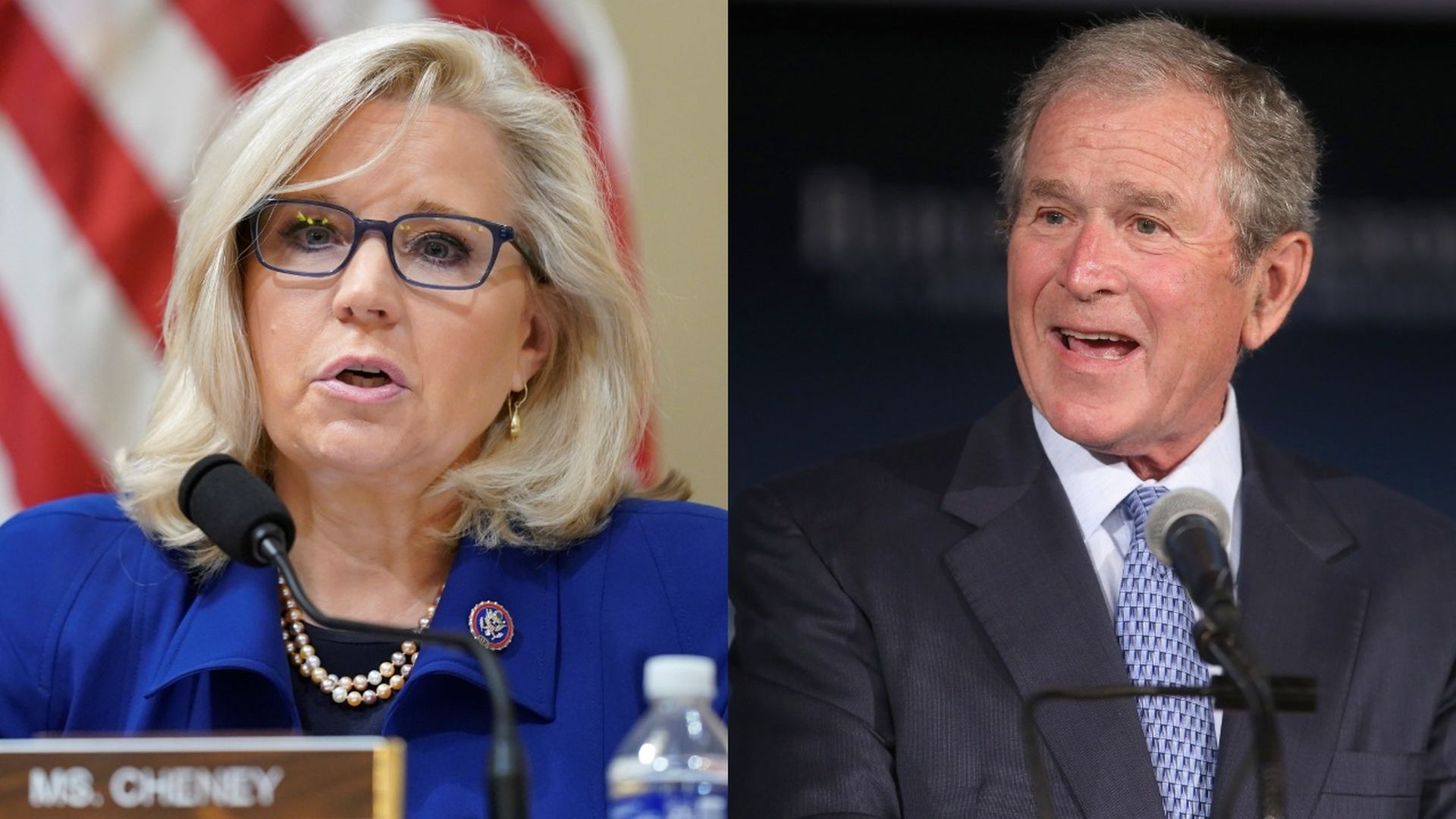Split screen with Liz Cheney and George W. Bush