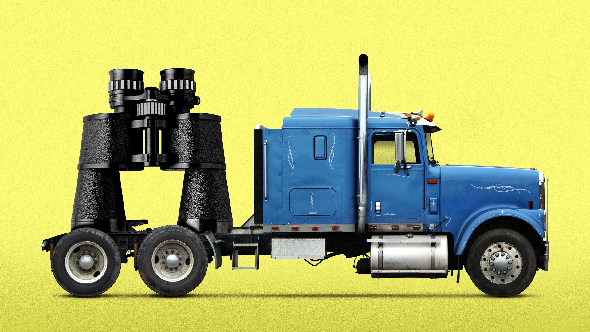 Illustration of a tractor trailer hauling a huge pair of binoculars.