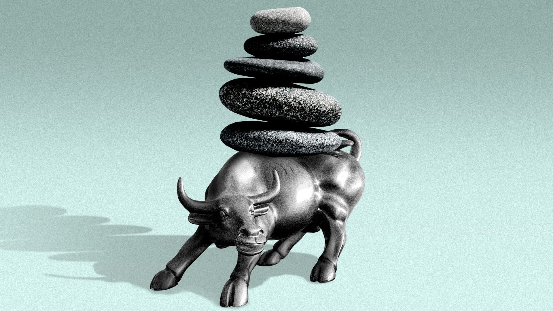 Illustration of a stack of meditation pebbles on top of the Wall Street bull's back