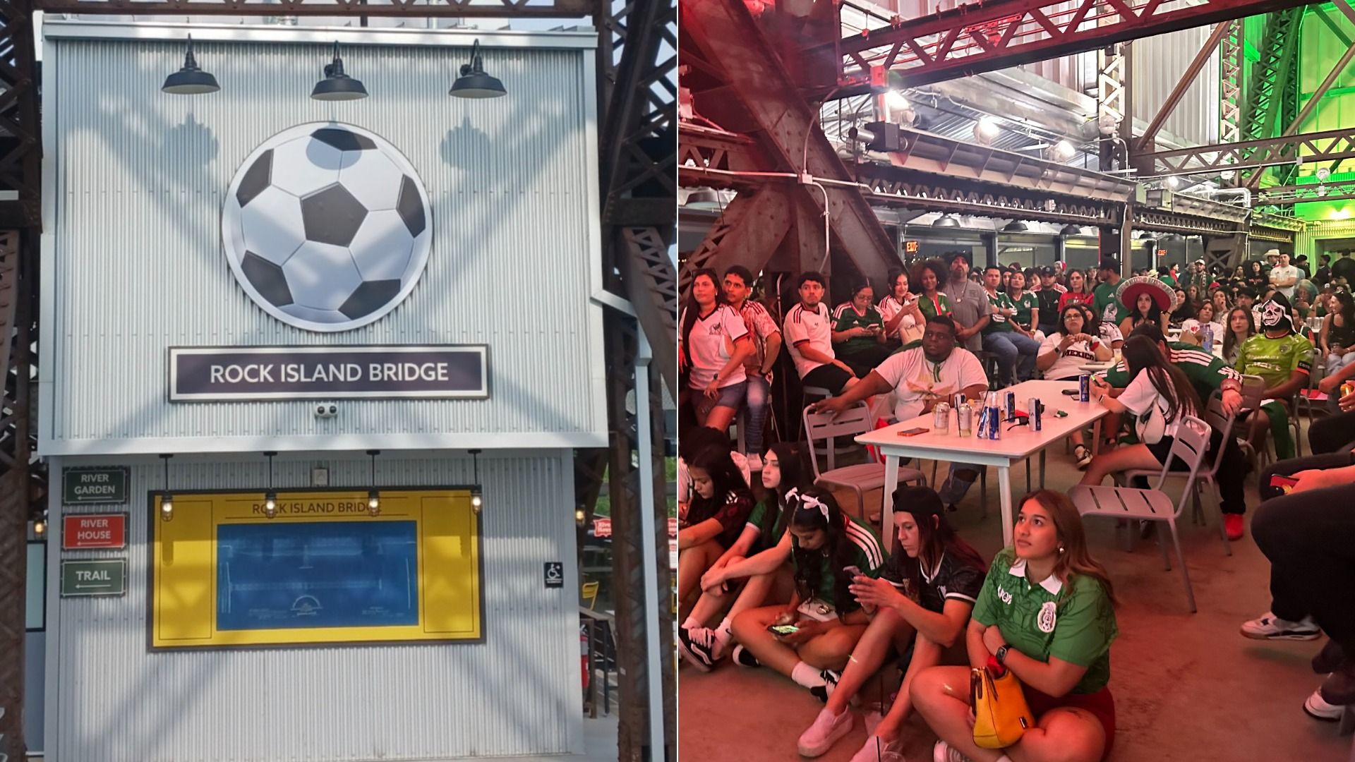 Split image: left shows a corrugated wall with a large soccer-ball logo and the 'Rock Island Bridge' sign; right shows a crowded indoor viewing party with fans in green jerseys under colored lights.