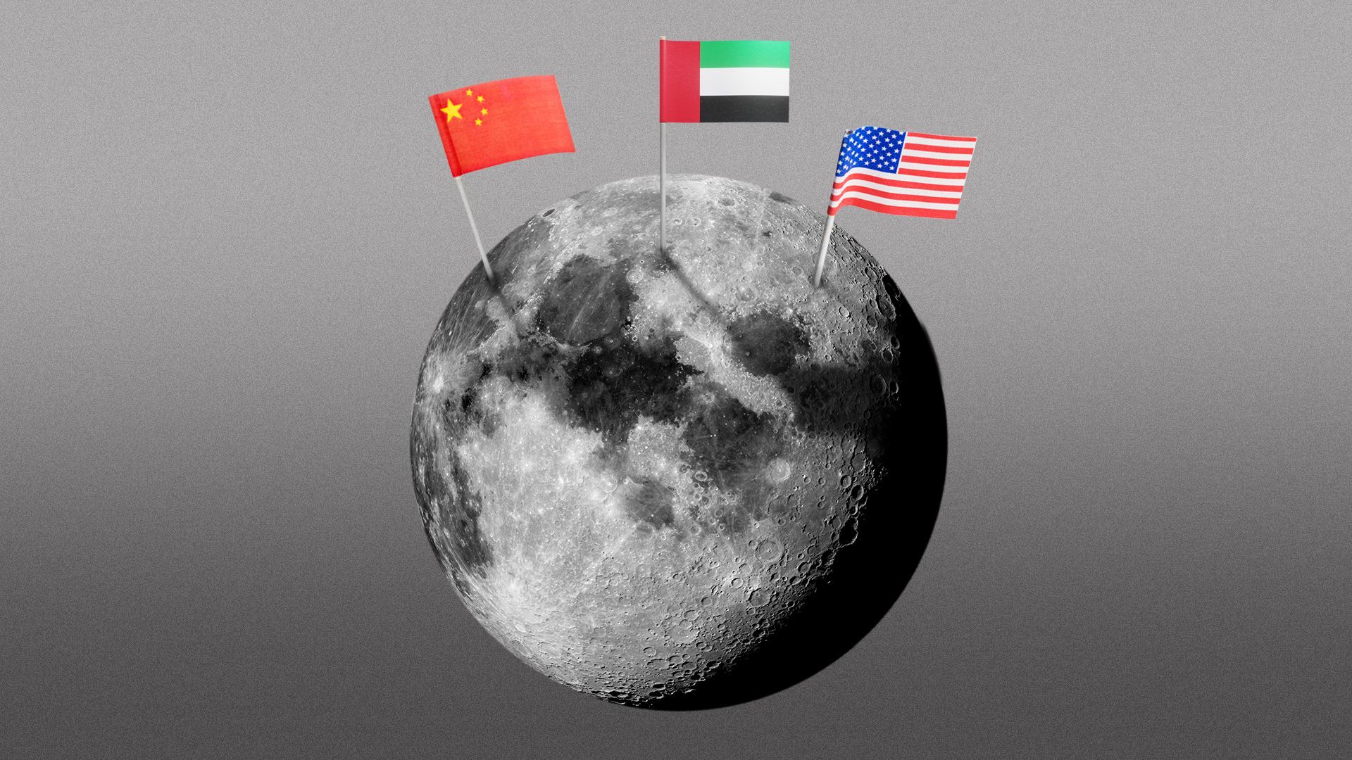 Illustration of the moon with China, UAE and USA flags planted at the top
