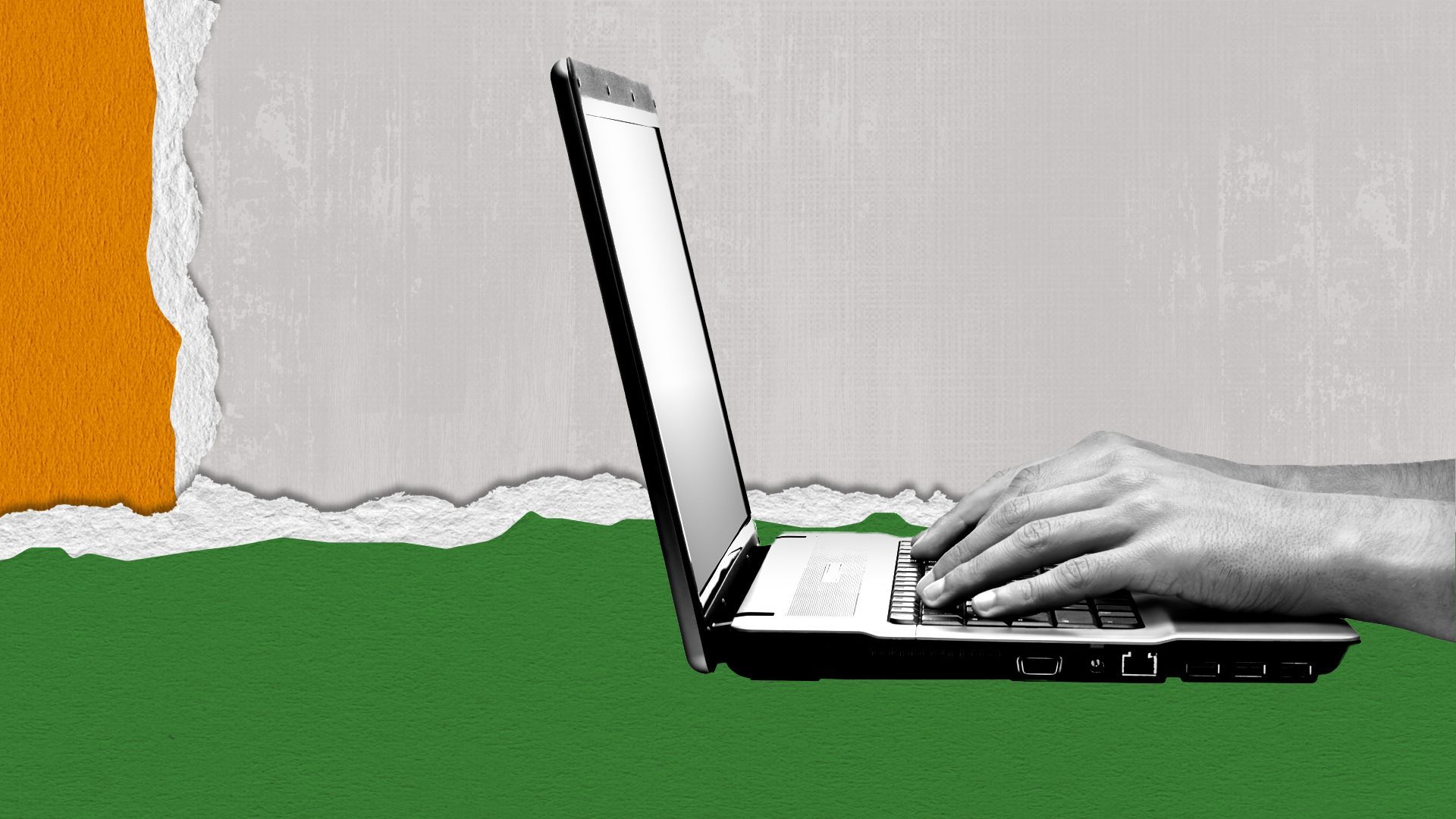 Illustration of a laptop surrounded by torn yellow and green pieces of paper. 