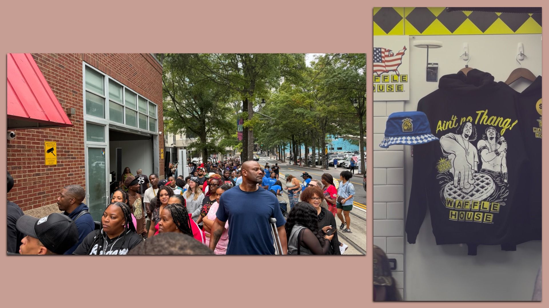 Two-panel scene: left shows a crowded urban street with pedestrians near a brick building; right displays a shop window with a black hoodie reading "Ain't No Thang" and a blue checkered hat.