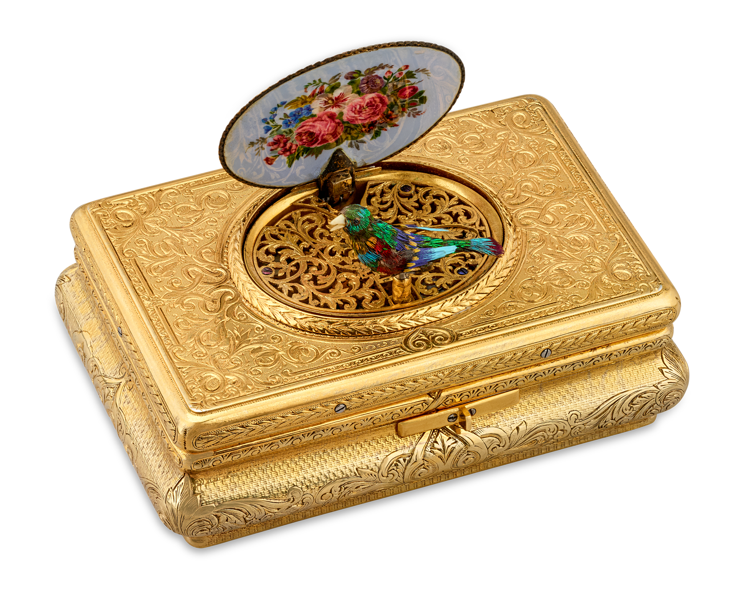 Ornate gold filigree jewelry box with a hinged lid; a porcelain oval lid shows a bouquet of pink roses, and a small colorful bird sits inside the decorative cavity.