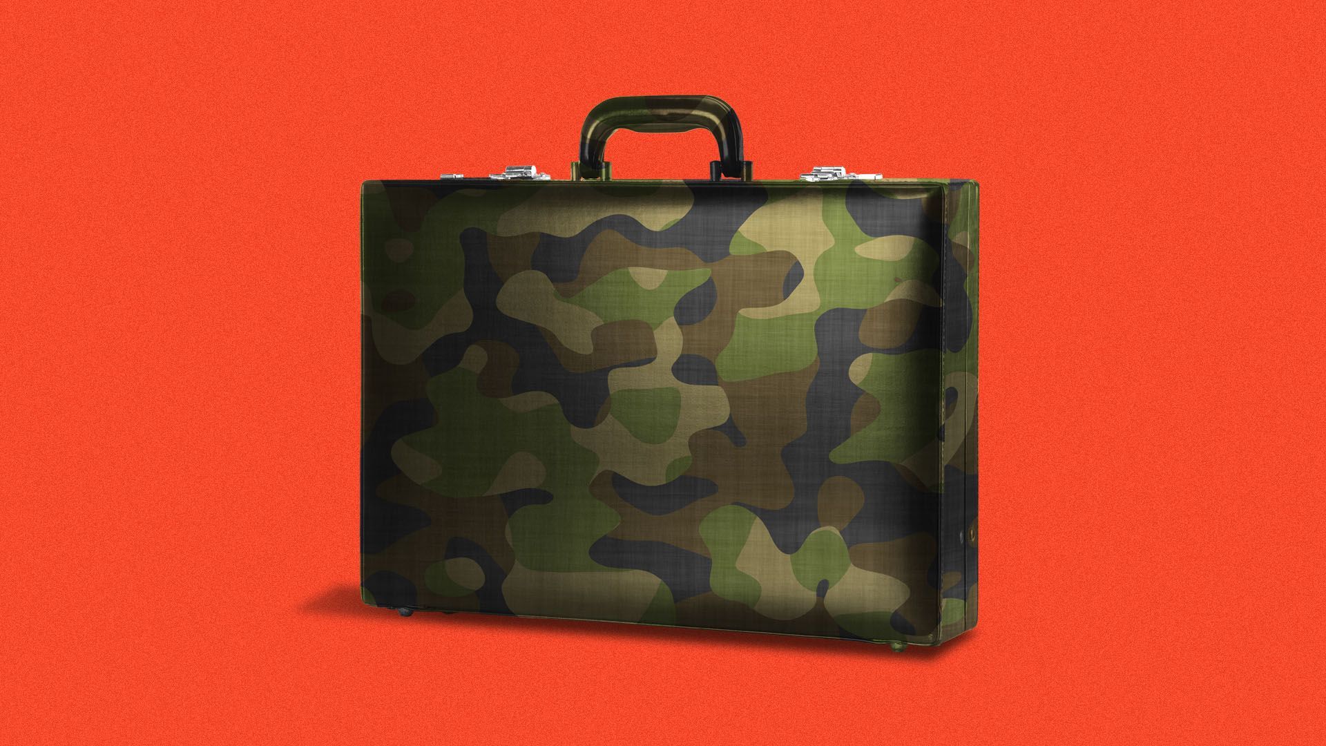 A briefcase covered in camouflage print, on a red background.