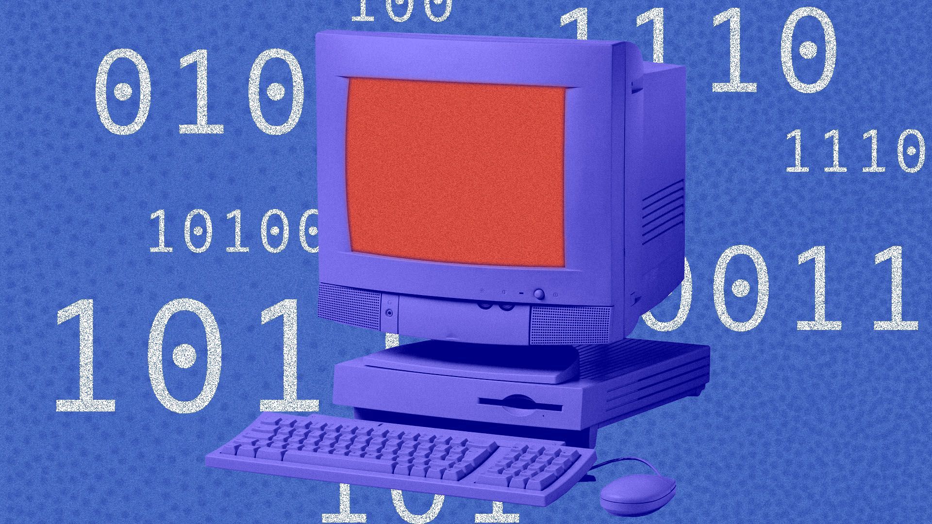Illustration of a computer with binary code in the background