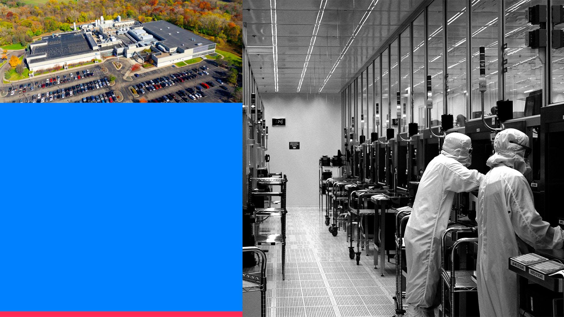 Combination of photos of a parking lot, blue box and men in hazmat suits.