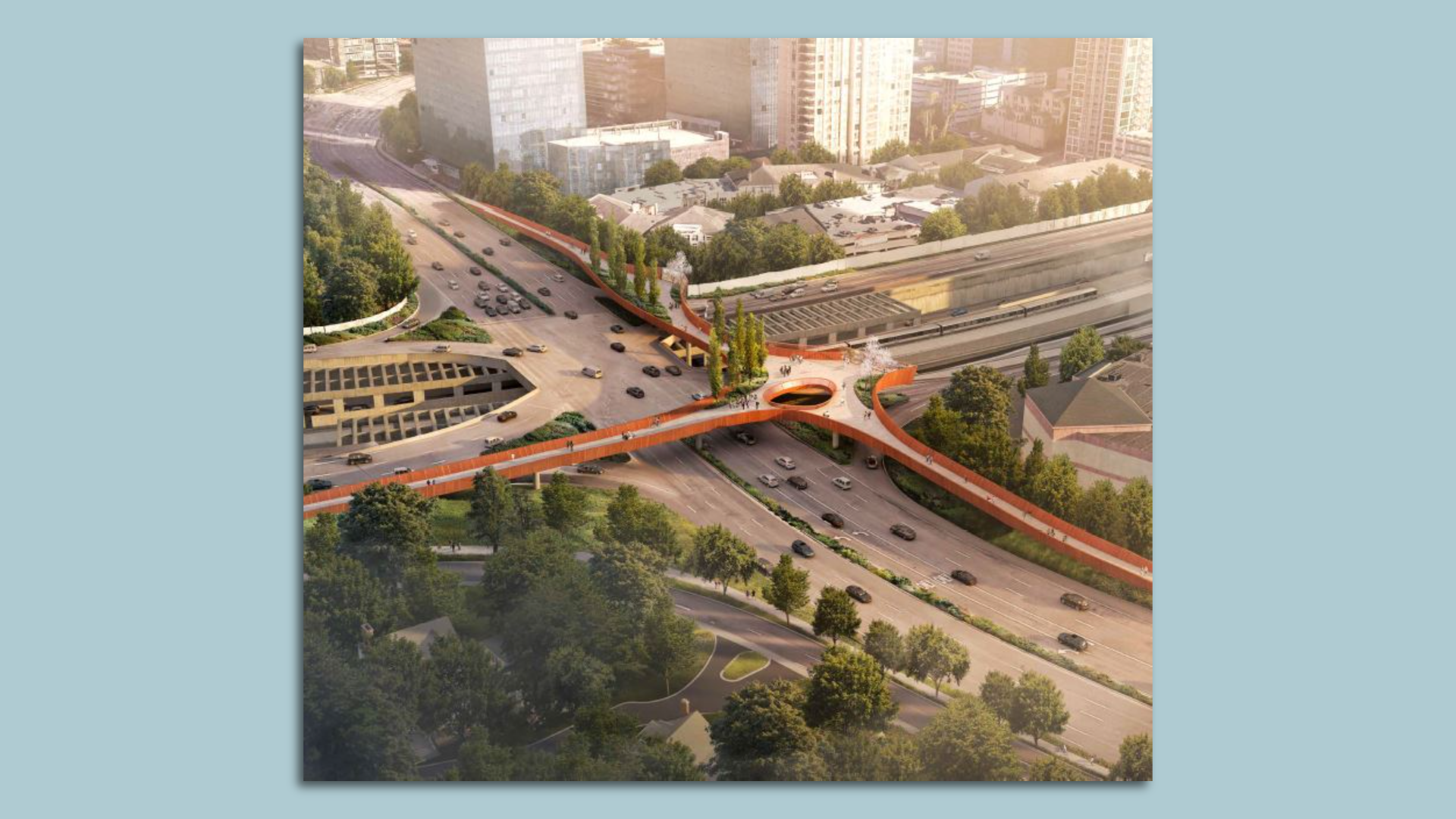 A rendering of a futuristic looking elevated bridge for pedestrians and bicyclists over a busy intersection and highway