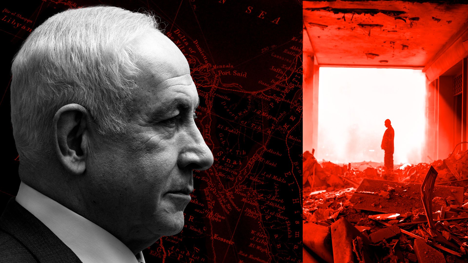 Photo illustration of Benjamin Netanyahu overlaid on top of a map of the Middle East and next to a distressed photo of a bombed out building in Damascus.
