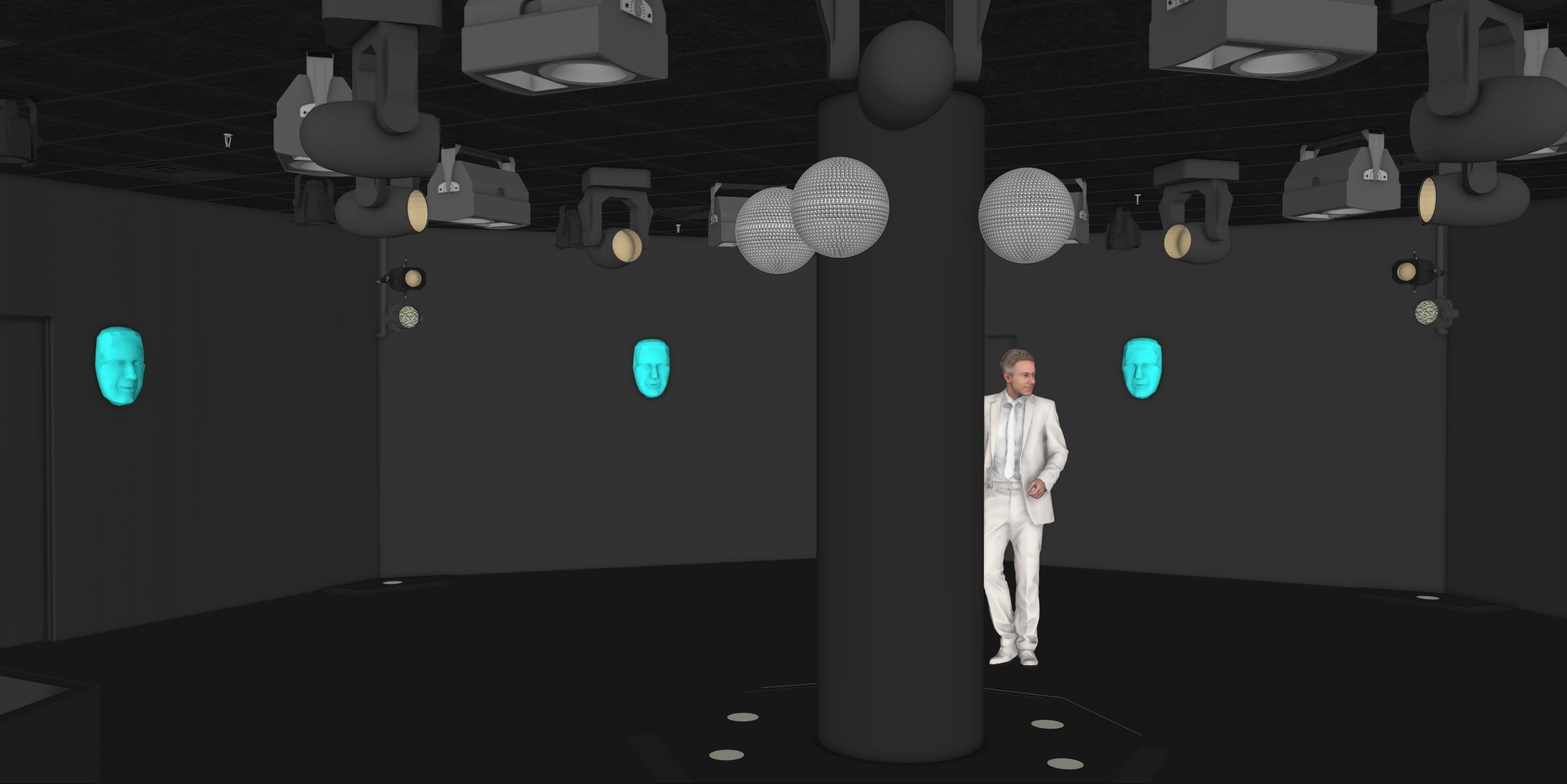 A man in a white suit stands behind a large black column in a dark room with glowing blue face masks on the walls and spherical ceiling lights.