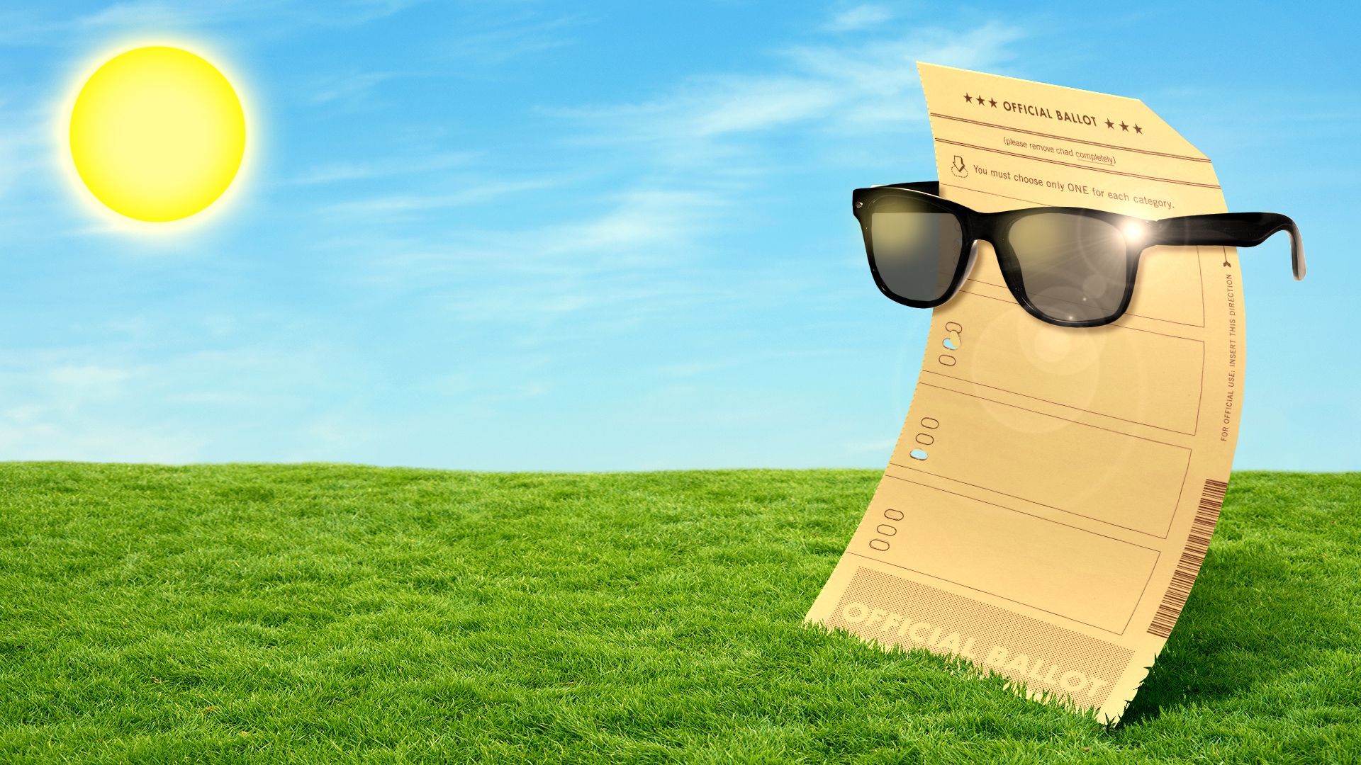 Illustration of a ballot paper wearing sunglasses on a bright summer day. 