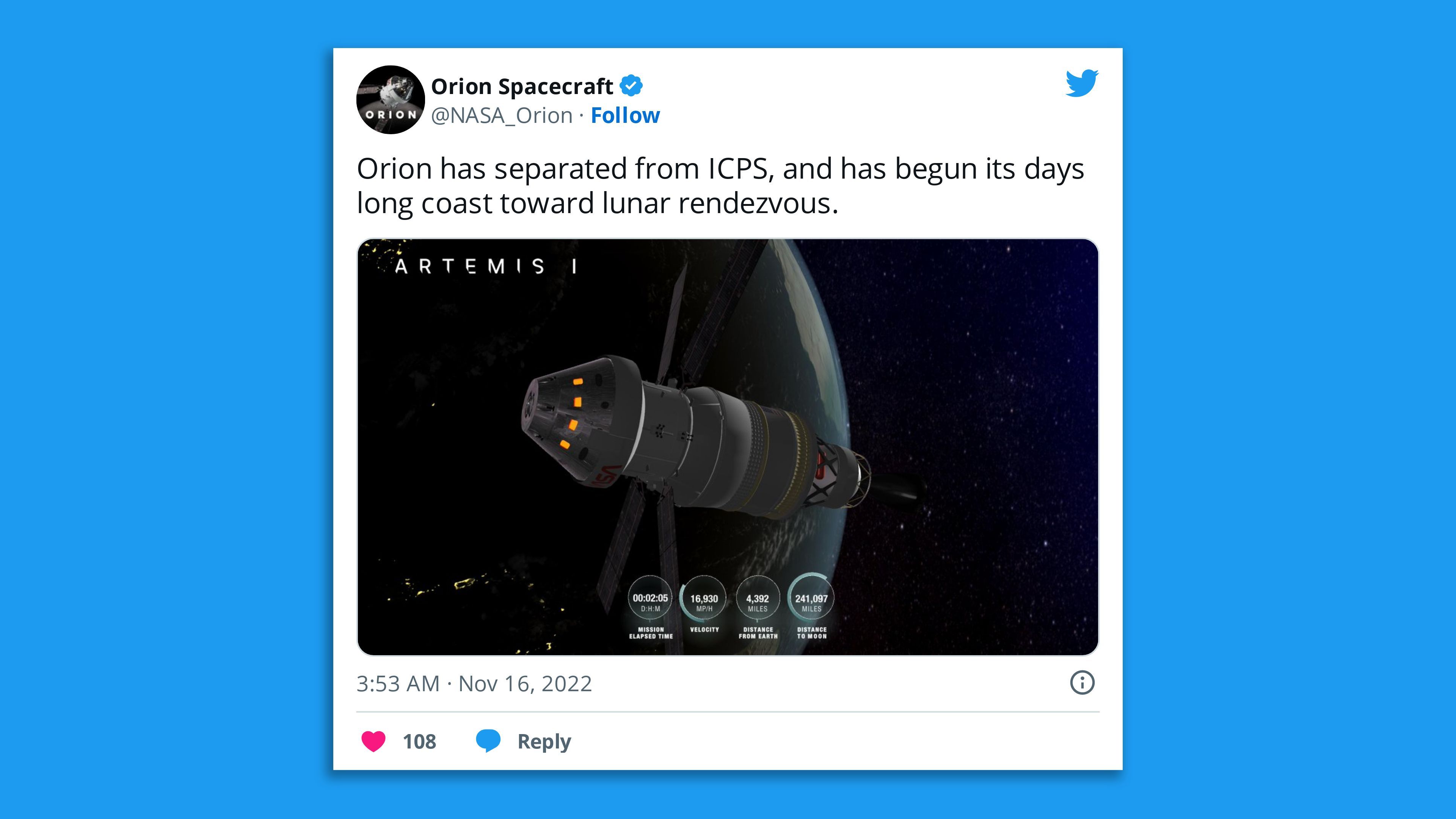 A screenshot of the Orion Spacecraft tweet that it's moonbound.