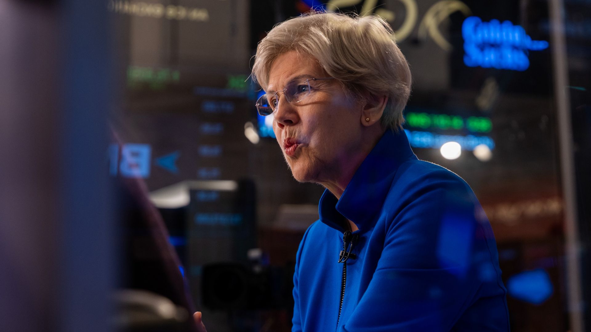 Senator Elizabeth Warren, (D-MA), speaks on CNBC’s “Squawk on the Street” on the floor of the New York Stock Exchange (NYSE) on Wall Street on April 17, 2025 in New York City.