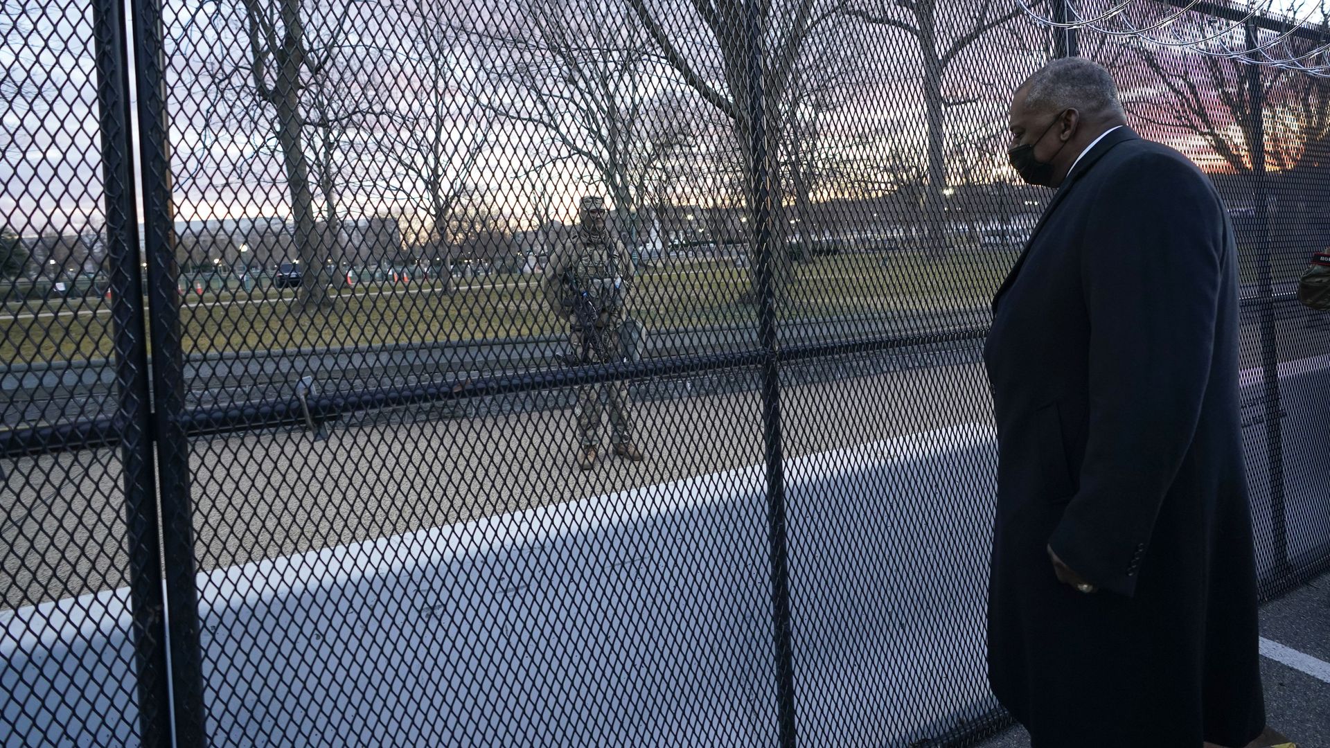Defense Secretary Lloyd Austin visits National Guard troops deployed at the U.S. Capitol on Jan. 29.