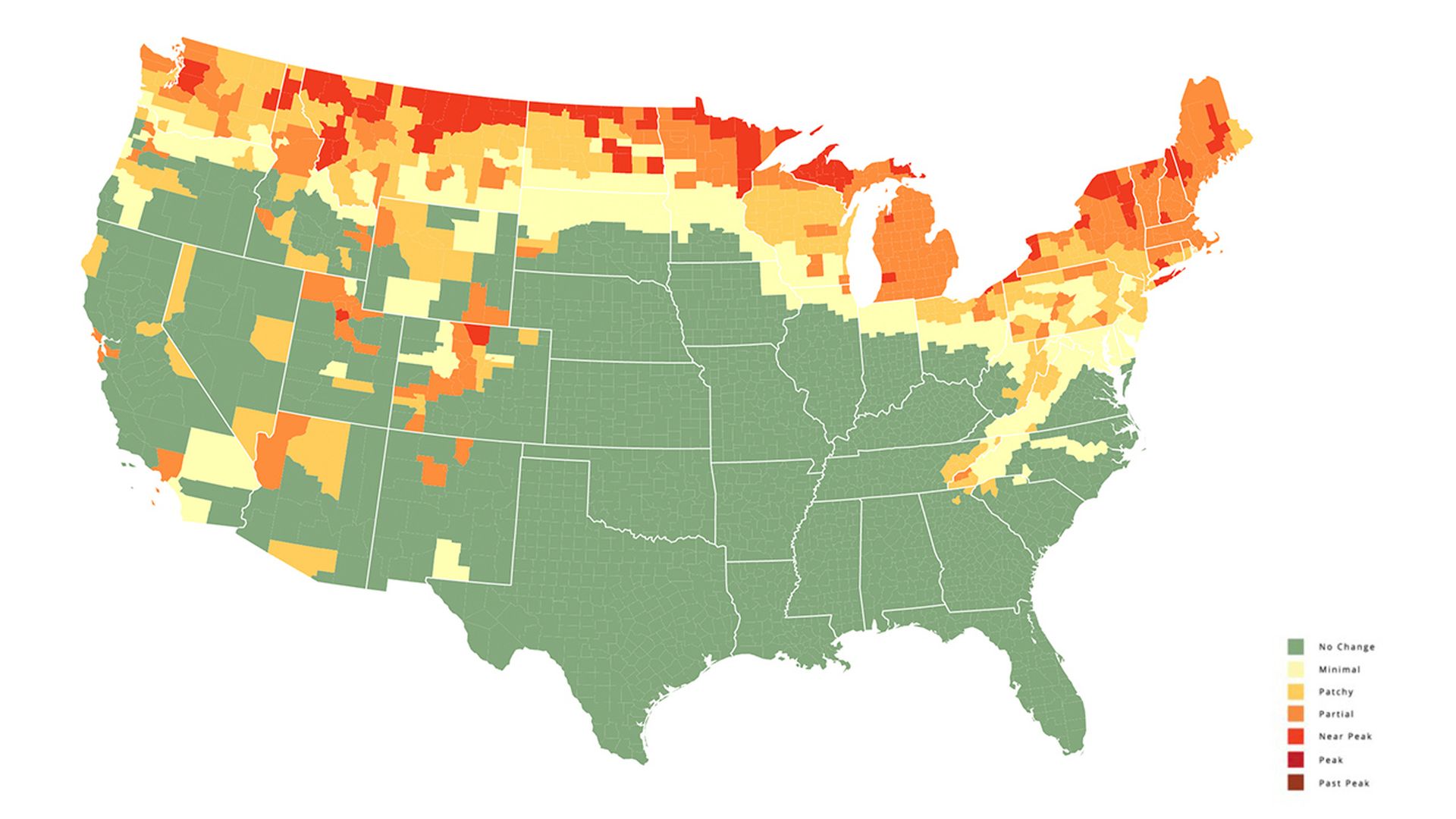 A green map of the U.S. showing fall color predictions at the top in red, orange and yellow