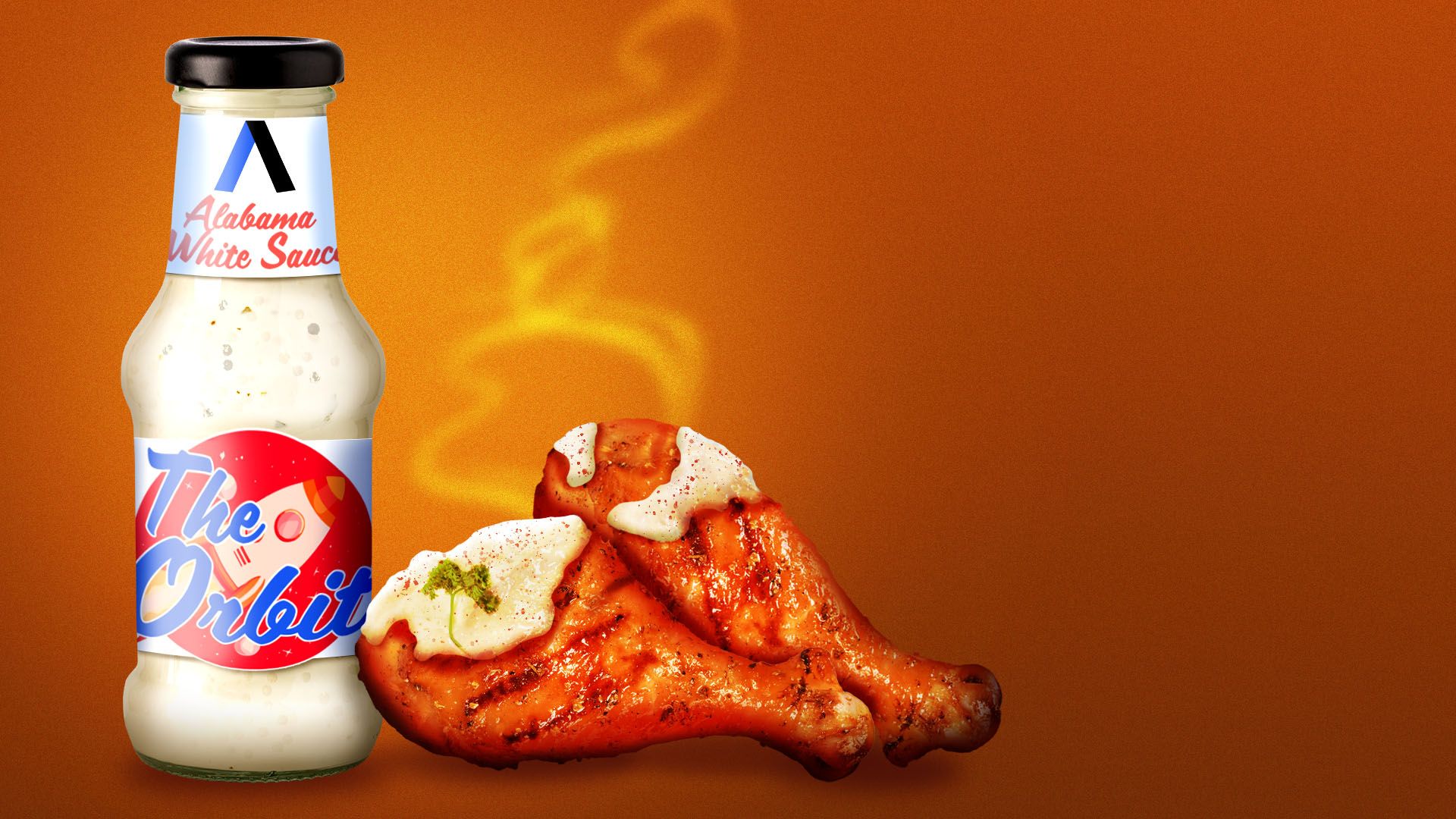 Illustration of a bottle of Alabama White Sauce  labeled "The Orbit" with an Axios logo next to two pieces of chicken