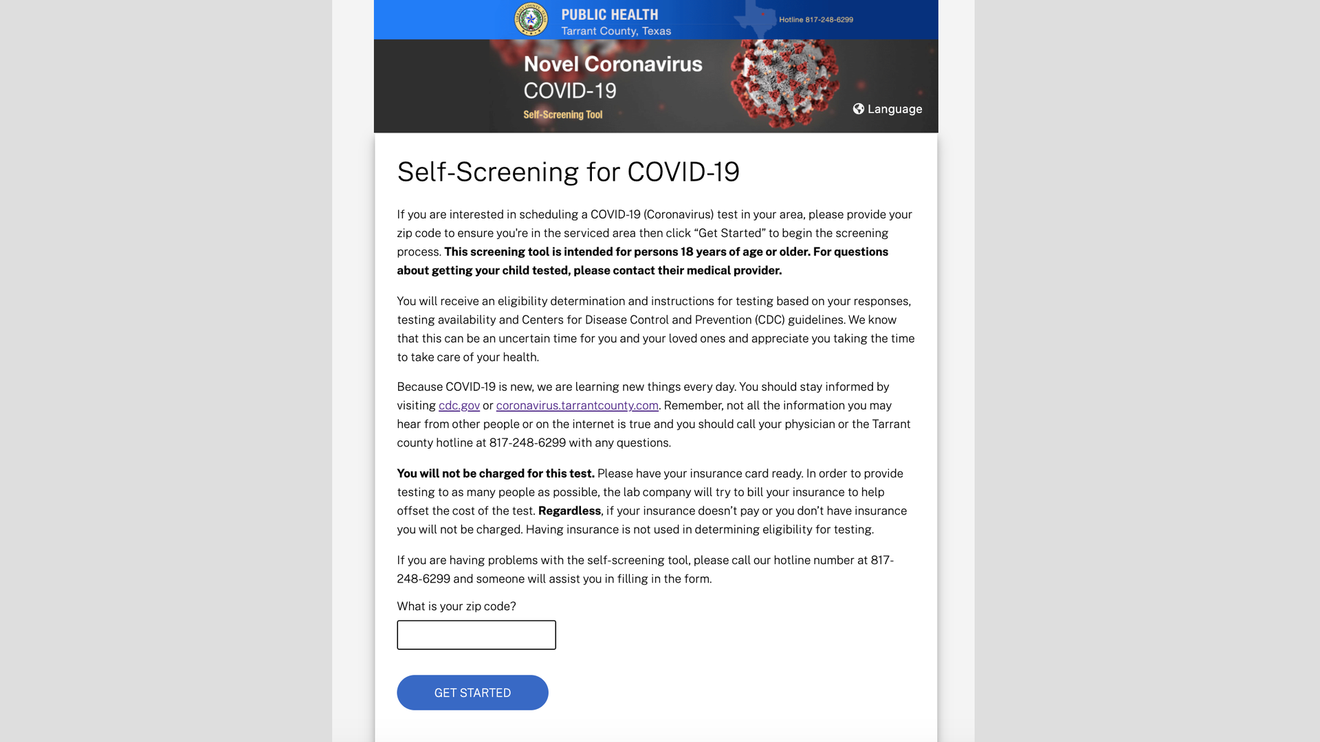 Covid-19 testing instructions on a website.