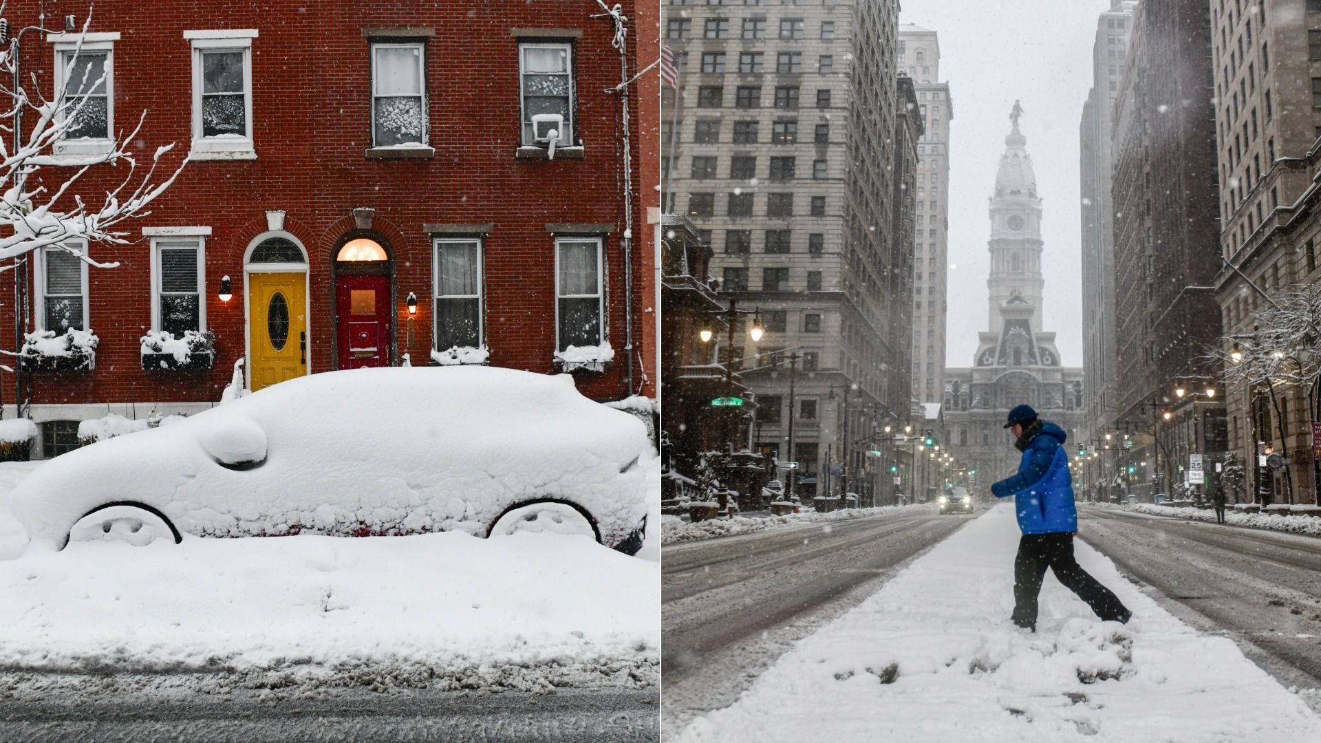 Left to right: A snow-covered car in one of Philly's neighborhoods; a man walking through Center City street. 