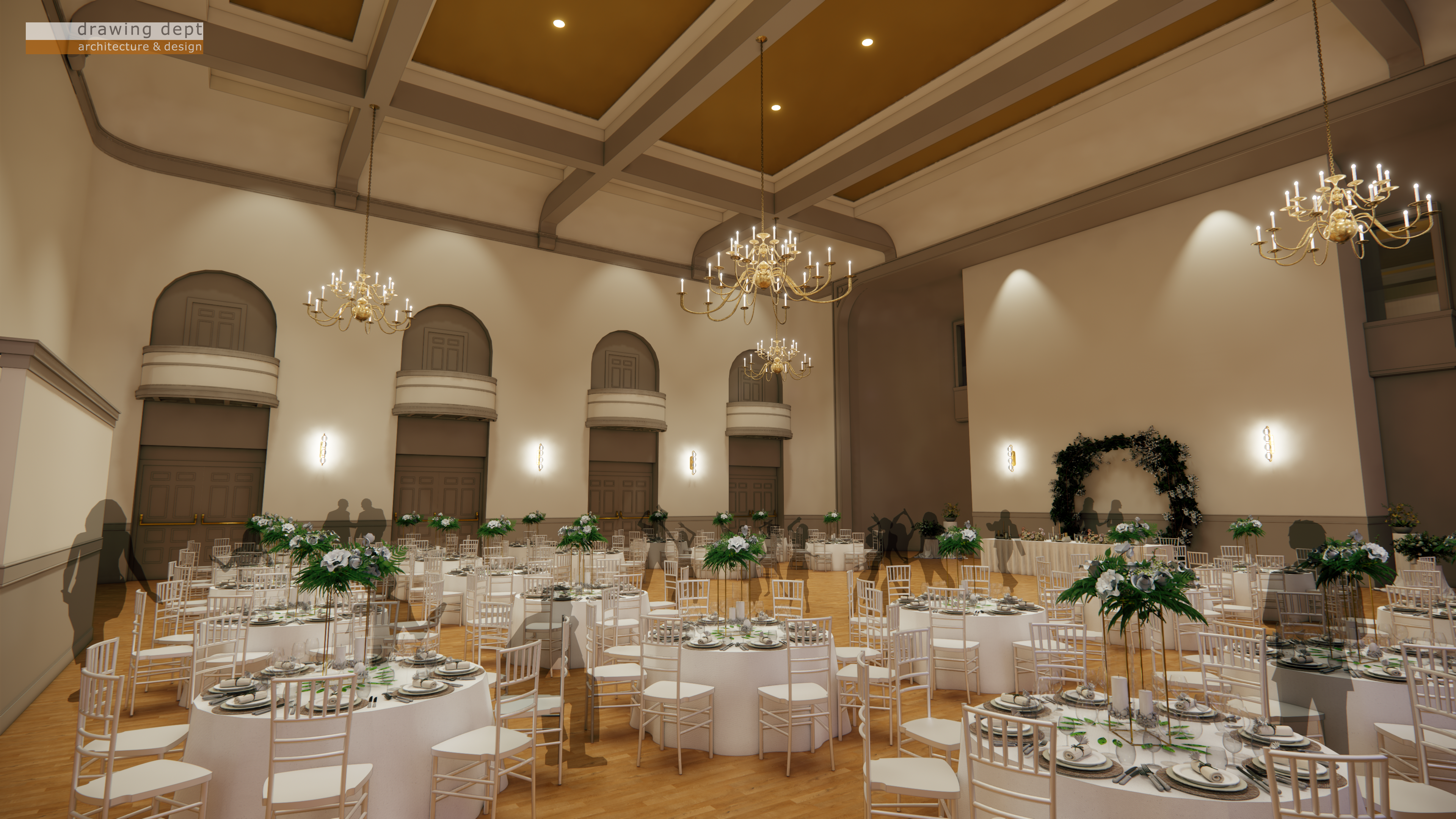 Elegant banquet hall with numerous round tables dressed in white, silverware and green foliage centerpieces, white chairs, gold chandeliers, arched alcoves along beige walls, warm lighting.