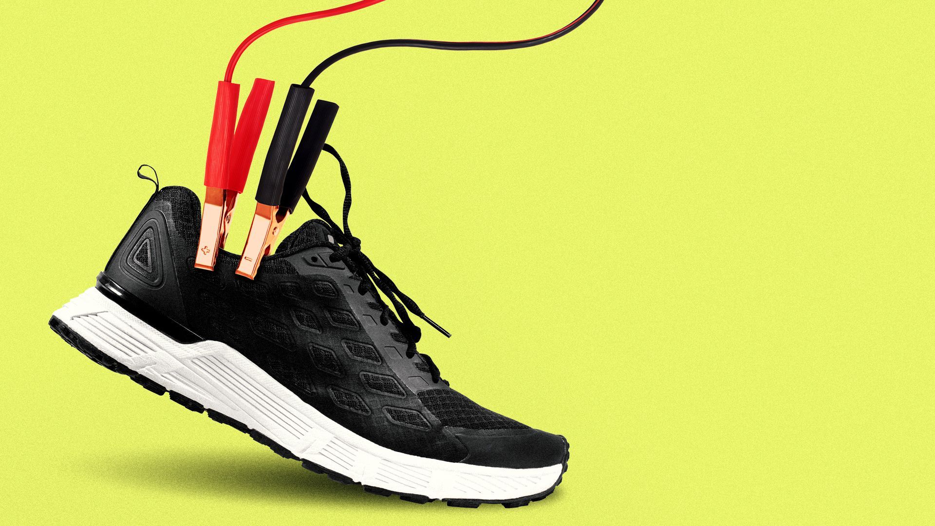 Illustration of jumper cables clipped on to a sneaker.