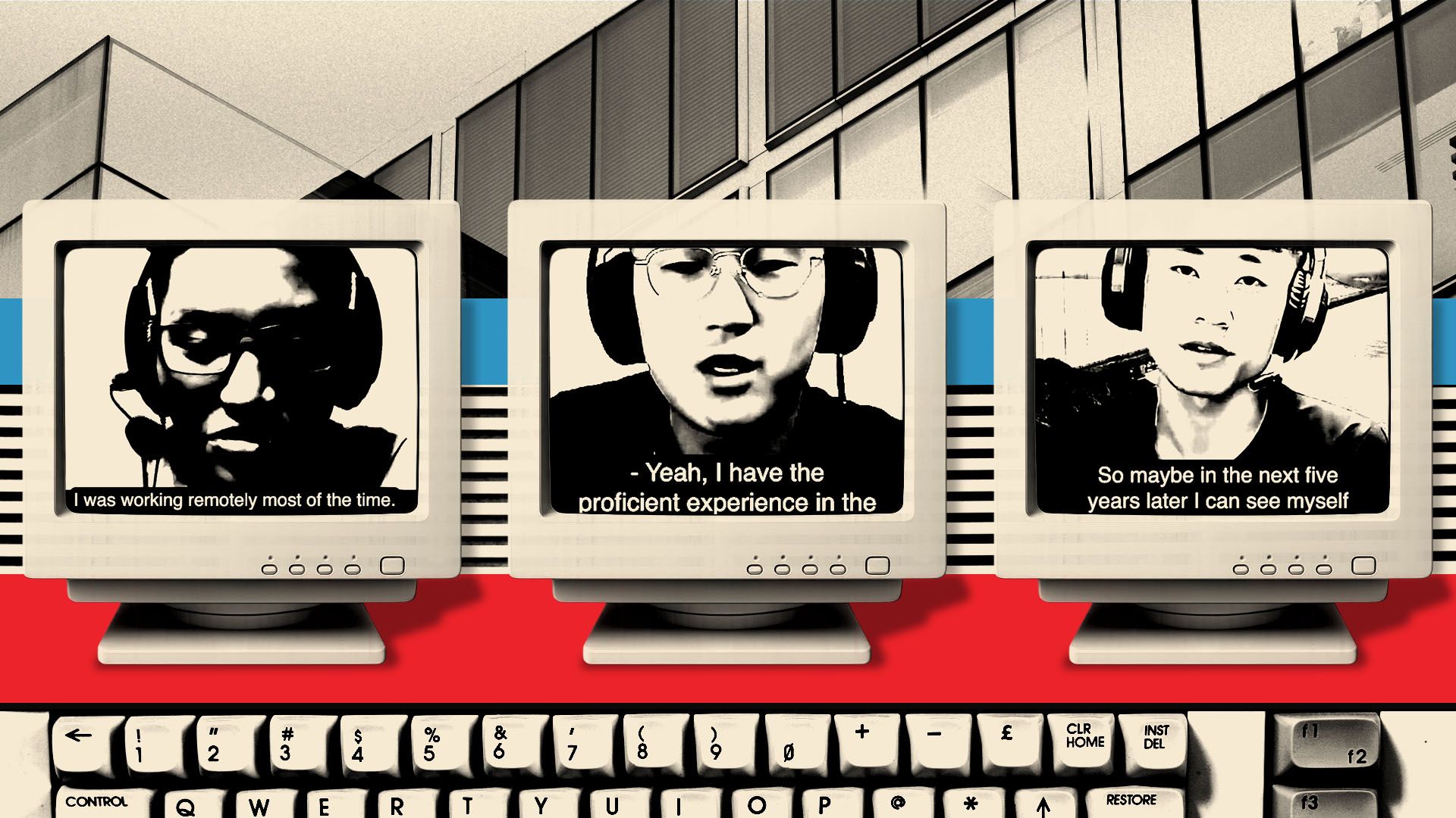 A photo illustration of three vintage computer monitors display people with headsets talking remotely. Screens show partial subtitles about working remotely and future plans, set above a keyboard. 