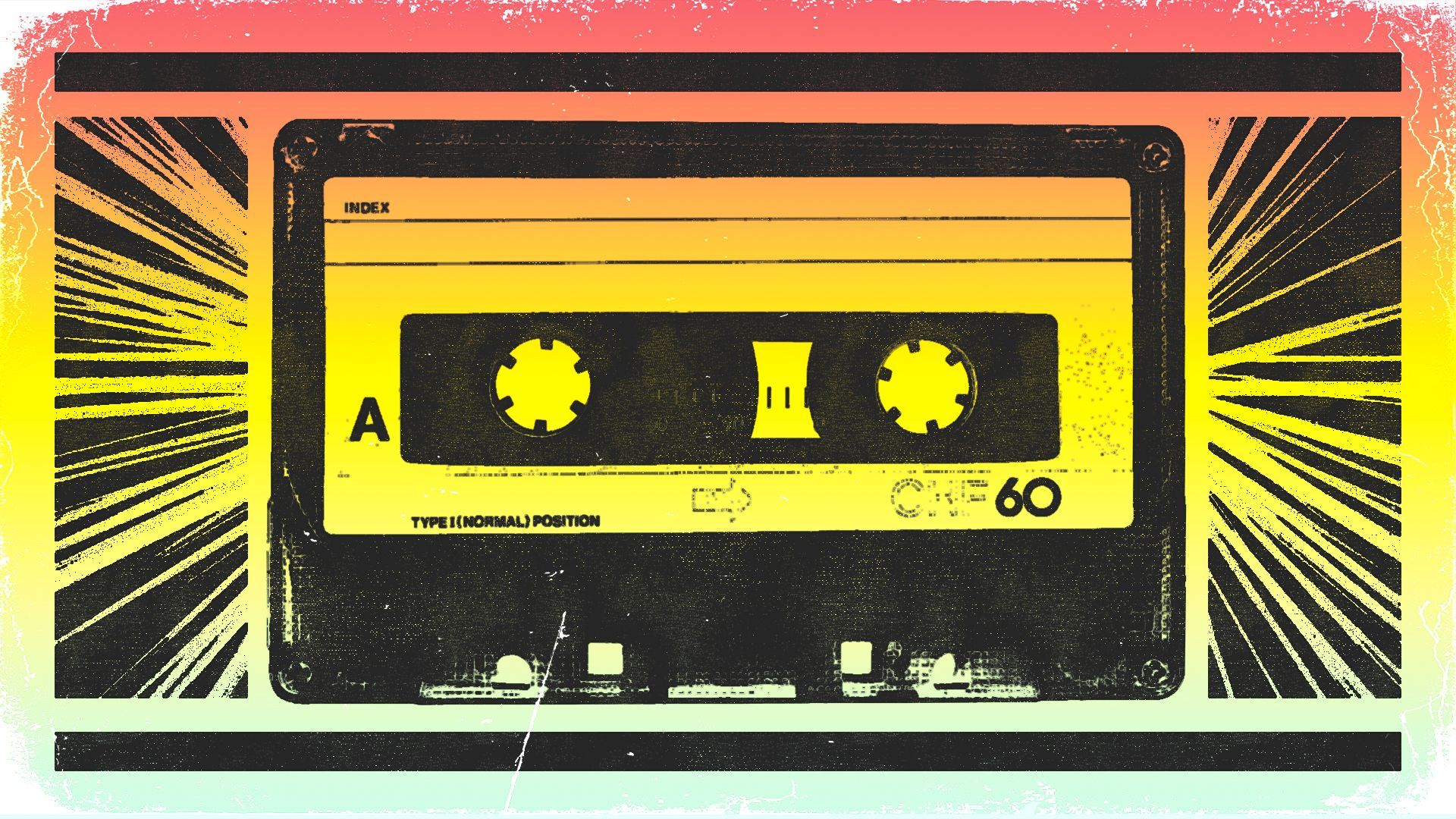 Illustration of a cassette tape on a concert poster, with speed lines coming from it on either side of it.