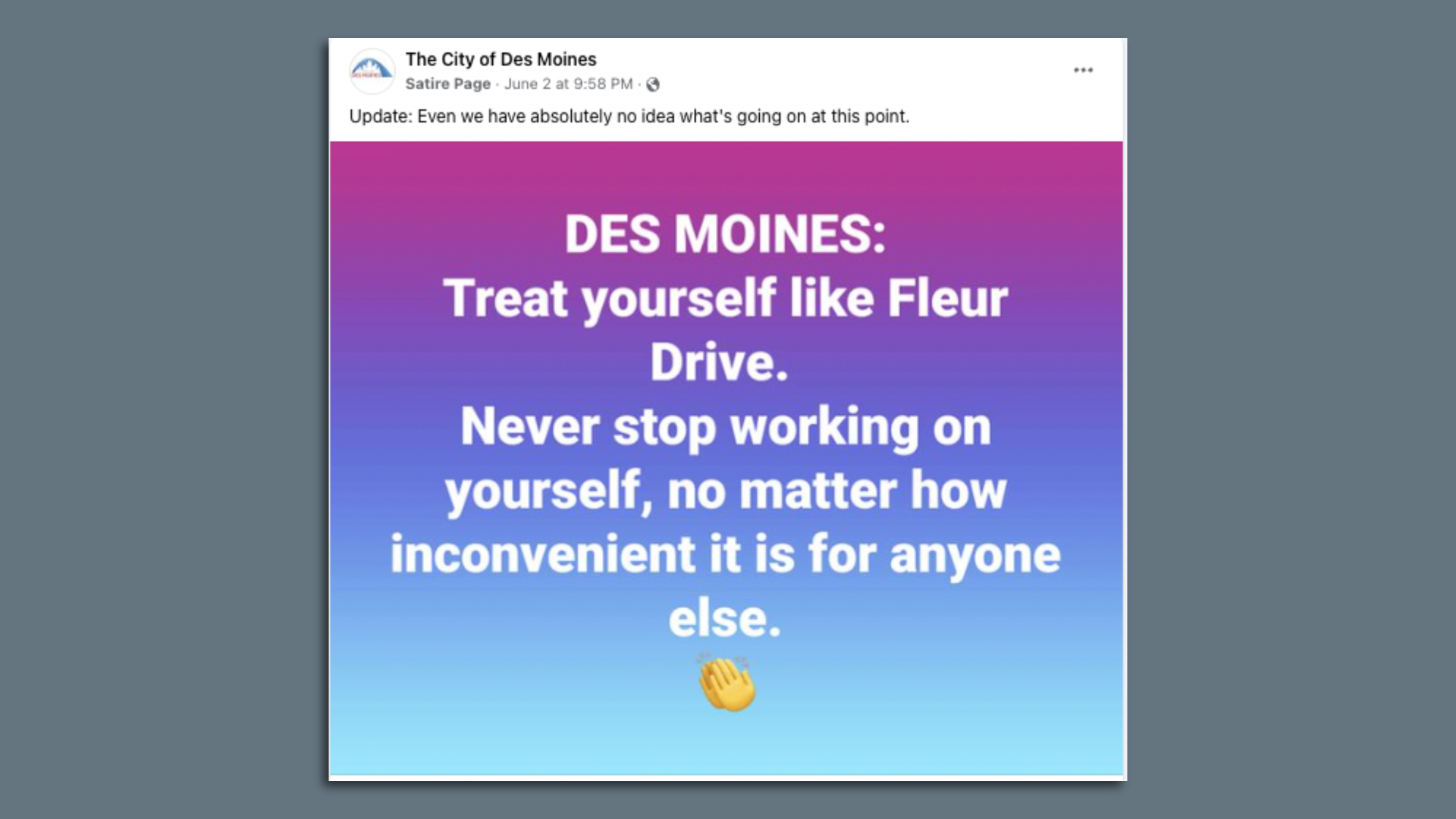 A spoof of the city of Des Moines' Facebook page.