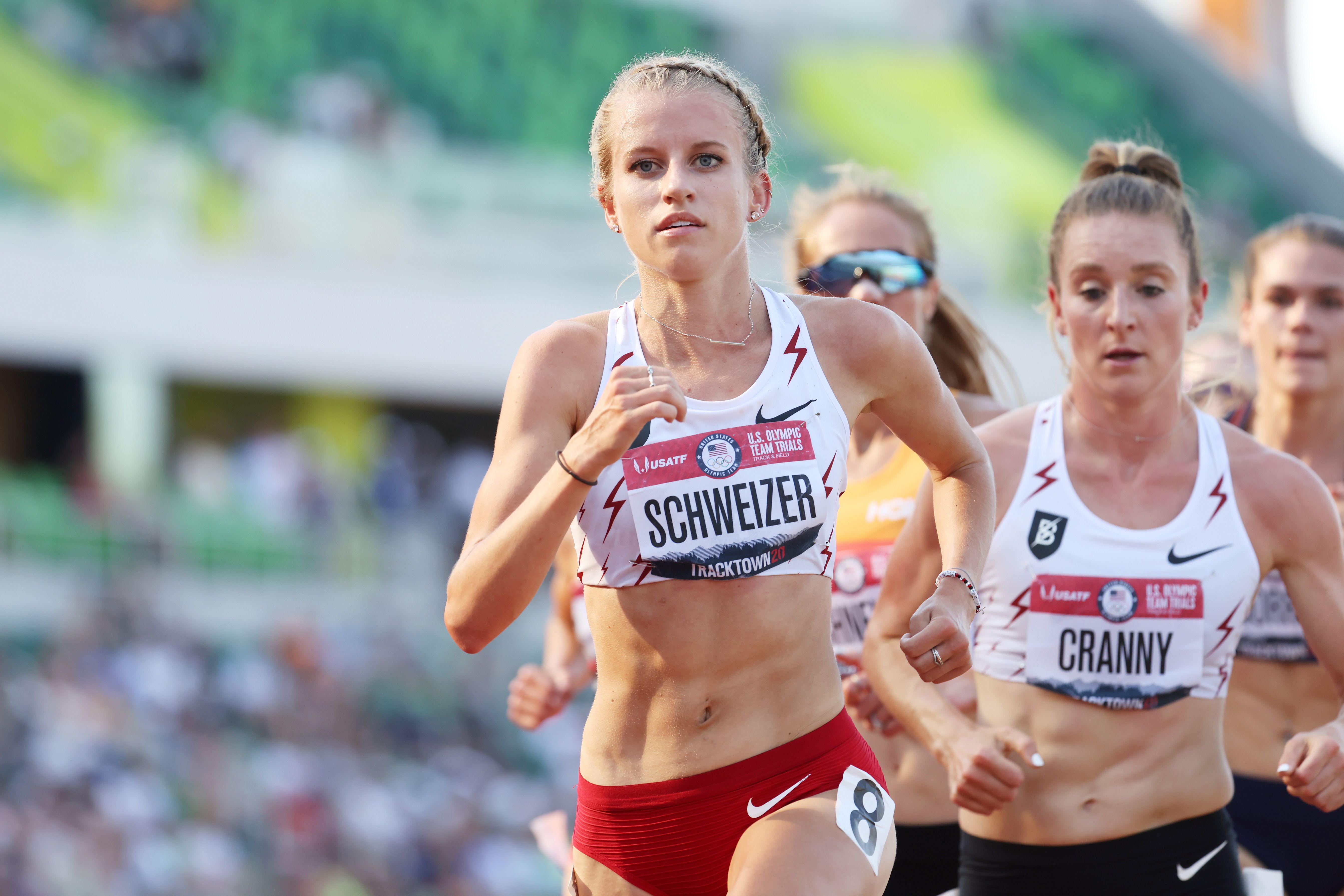 Karissa Schweizer leads the group running in the Women's 5000 Meter Final at Hayward Field in Eugene, Oregon. 