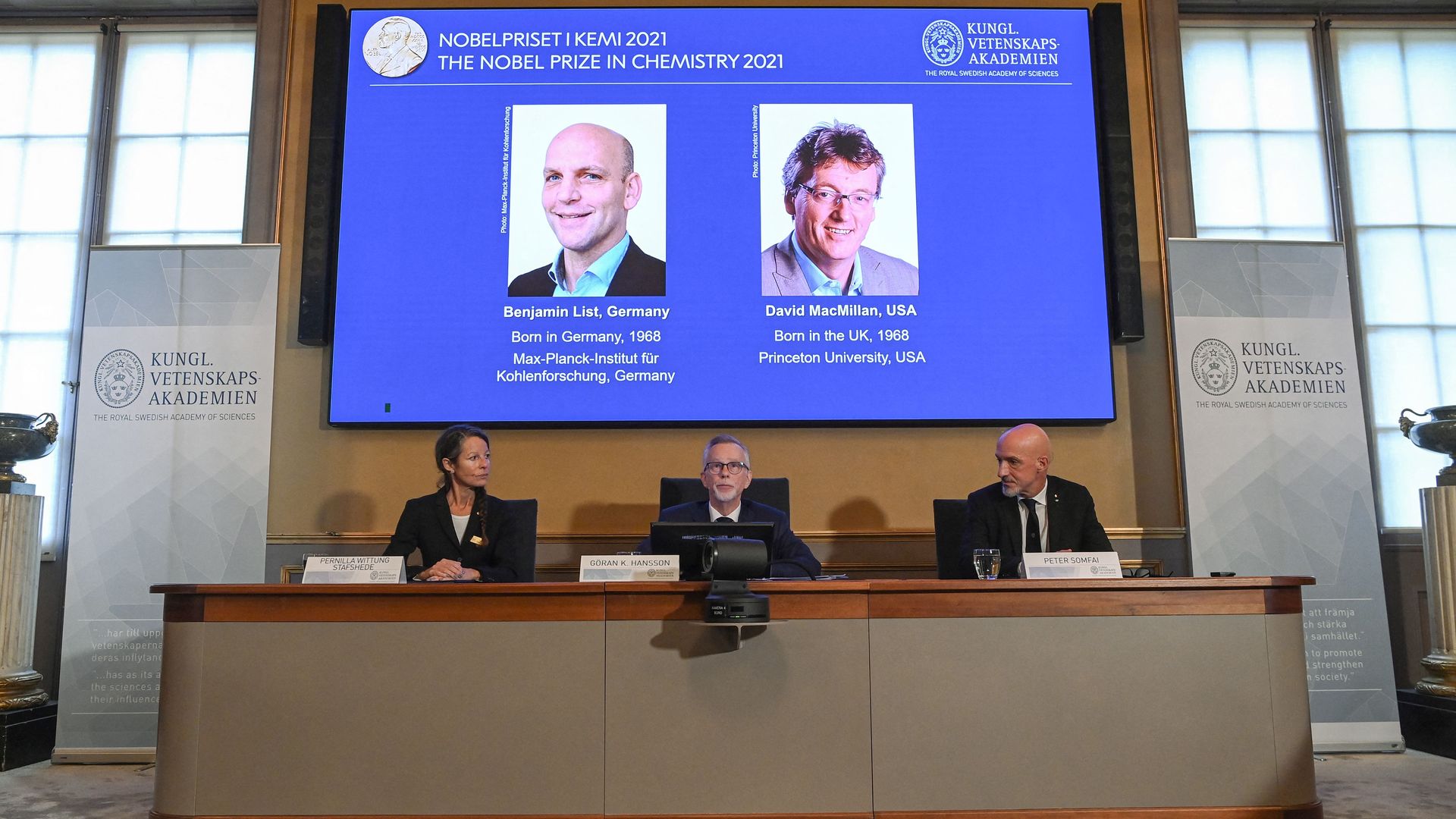 Members of the Nobel Committee for Chemistry announcing the winners of the 2021 Nobel Prize in chemistry in Stockholm, Sweden, on Oct. 6.