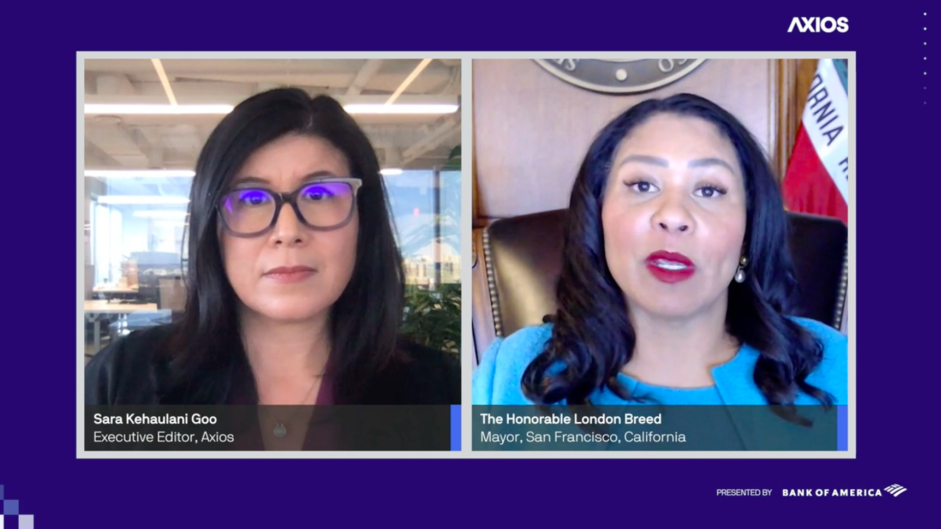 A screenshot of San Francisco Mayor London Breed and Axios executive editor Sara Goo speaking on a Zoom call.
