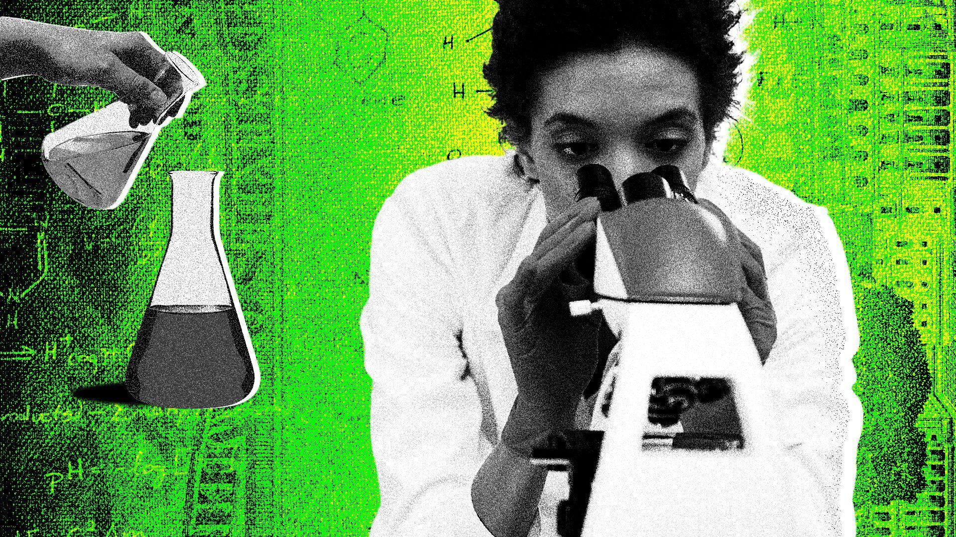 illustration of a person looking into a microscope and hands holding a beaker on a background made of dollar bills and science notes