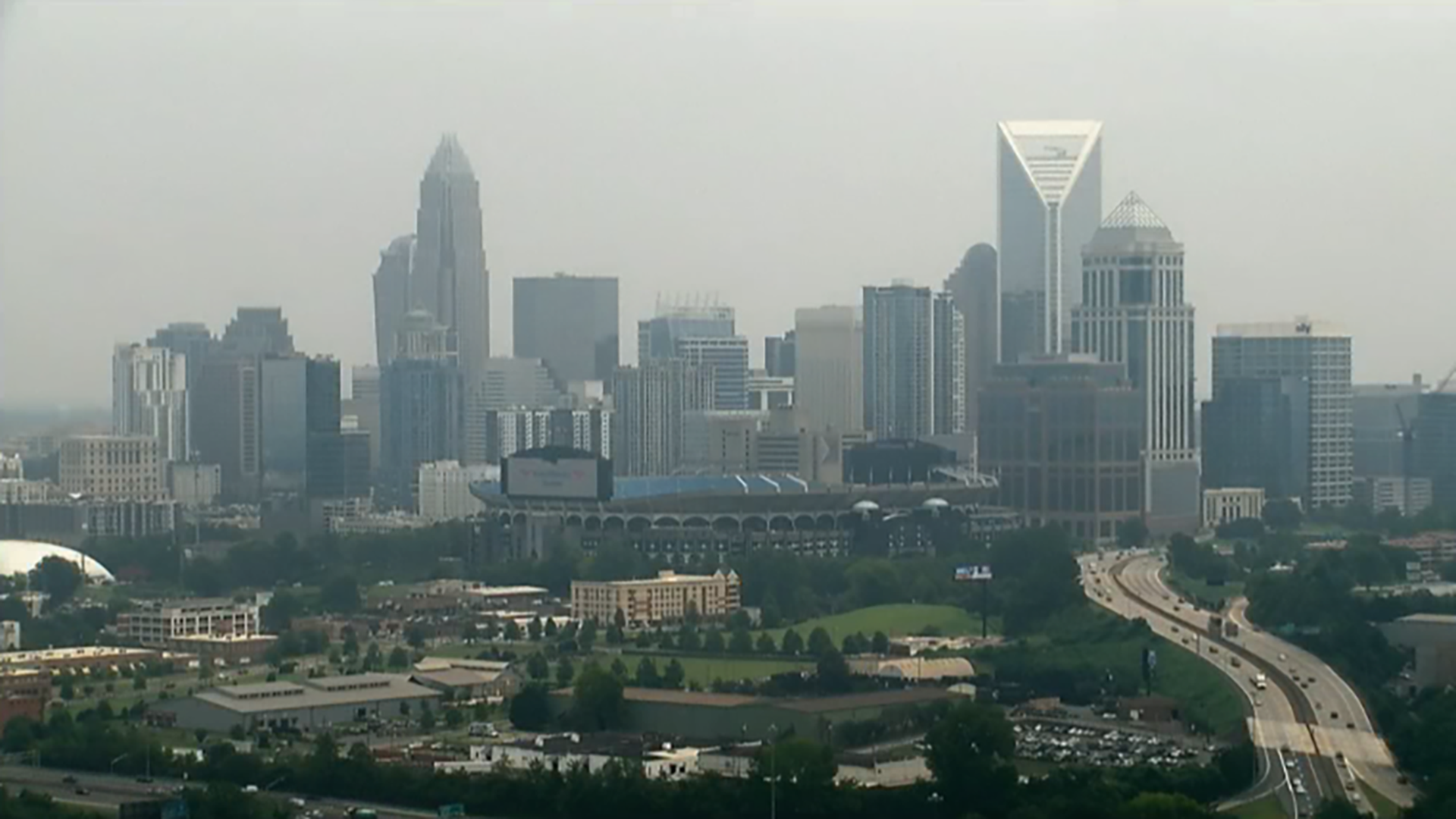 hazy photo of the Charlotte sky line
