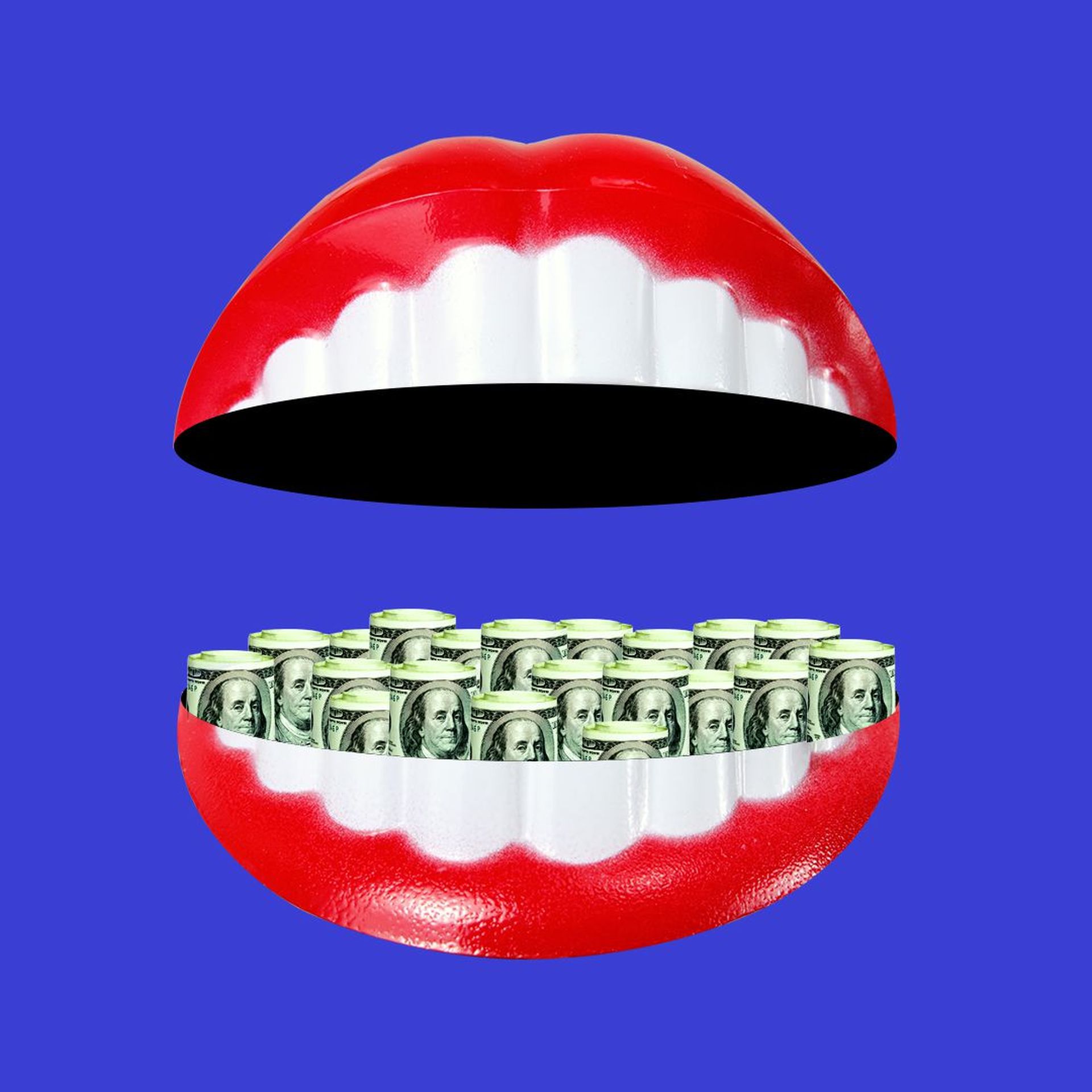 Illustration of a mouth half open, filled with dollar bills.