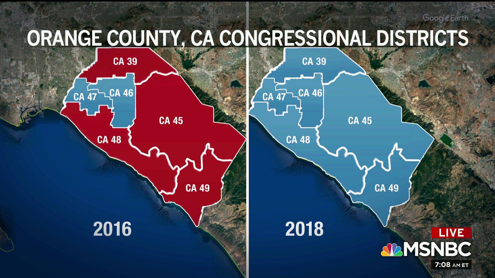 A map of the districts in southern California, where many turned blue in the 2018 election